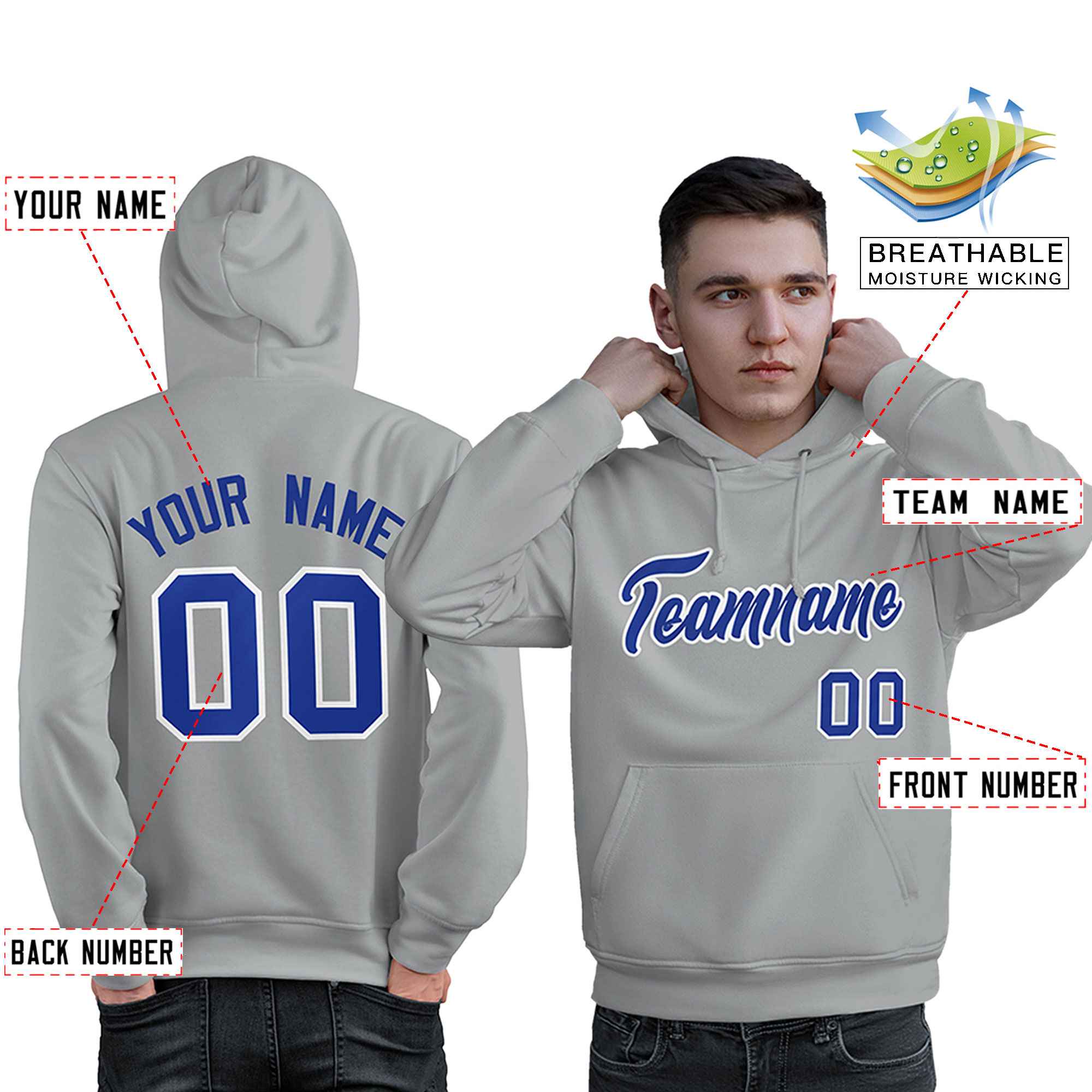 Custom Gray Royal-White Classic Style Personalized Sport Pullover Hoodie| KXKSHOP