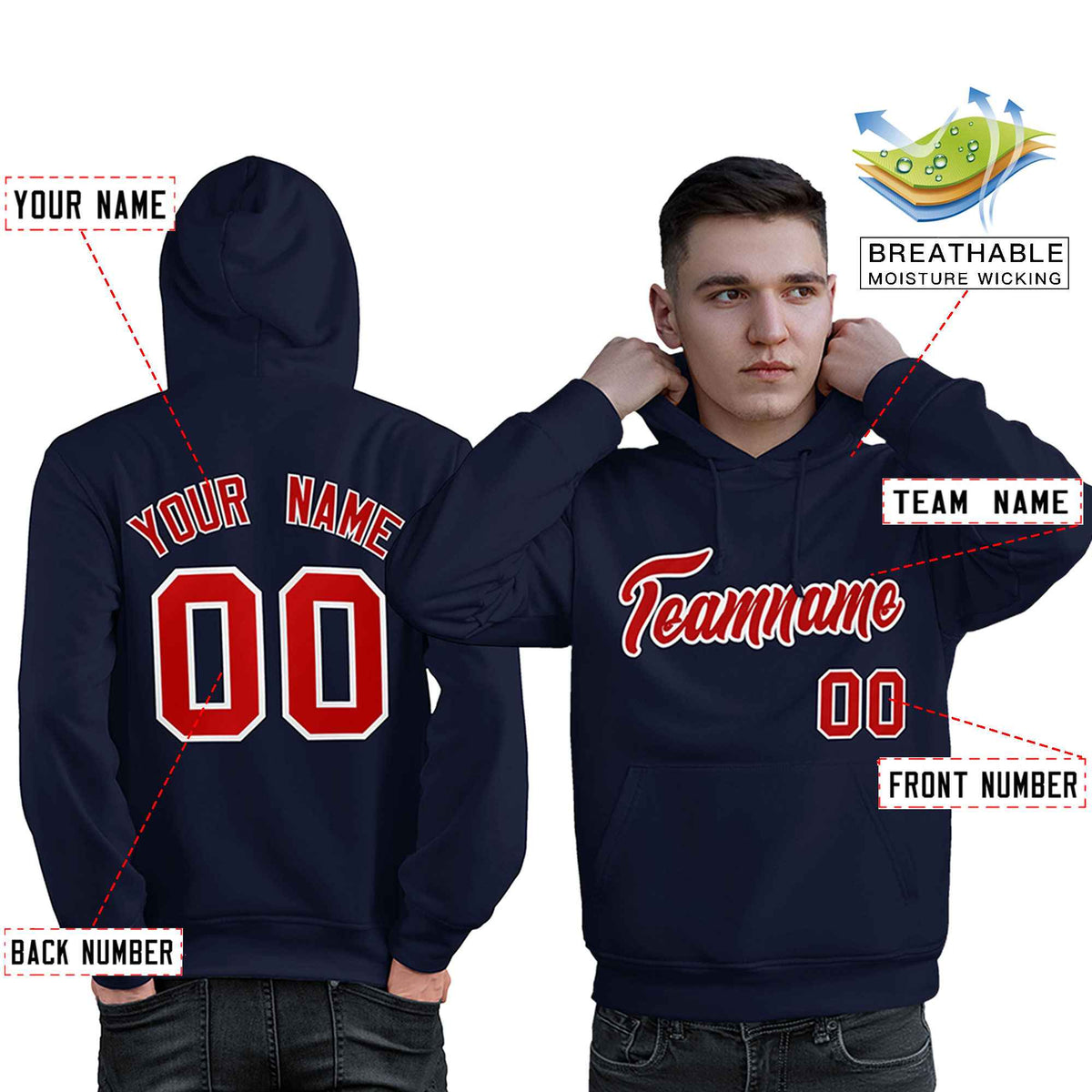 Custom Navy Red-White Classic Style Personalized Sport Pullover Hoodie| KXKSHOP