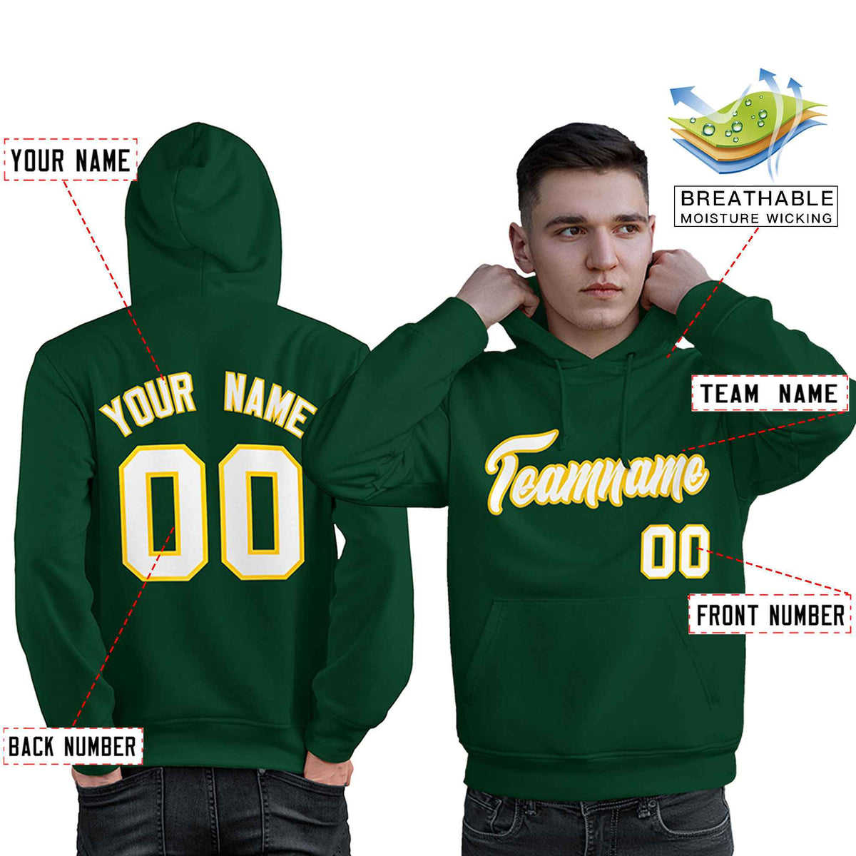 Custom Green White-Gold Classic Style Personalized Sport Pullover Hoodie| KXKSHOP