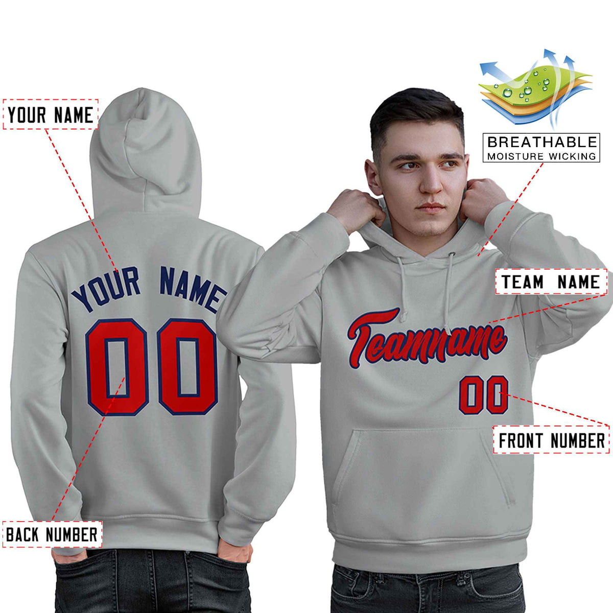 Custom Gray Red-Royal Classic Style Personalized Sport Pullover Hoodie| KXKSHOP