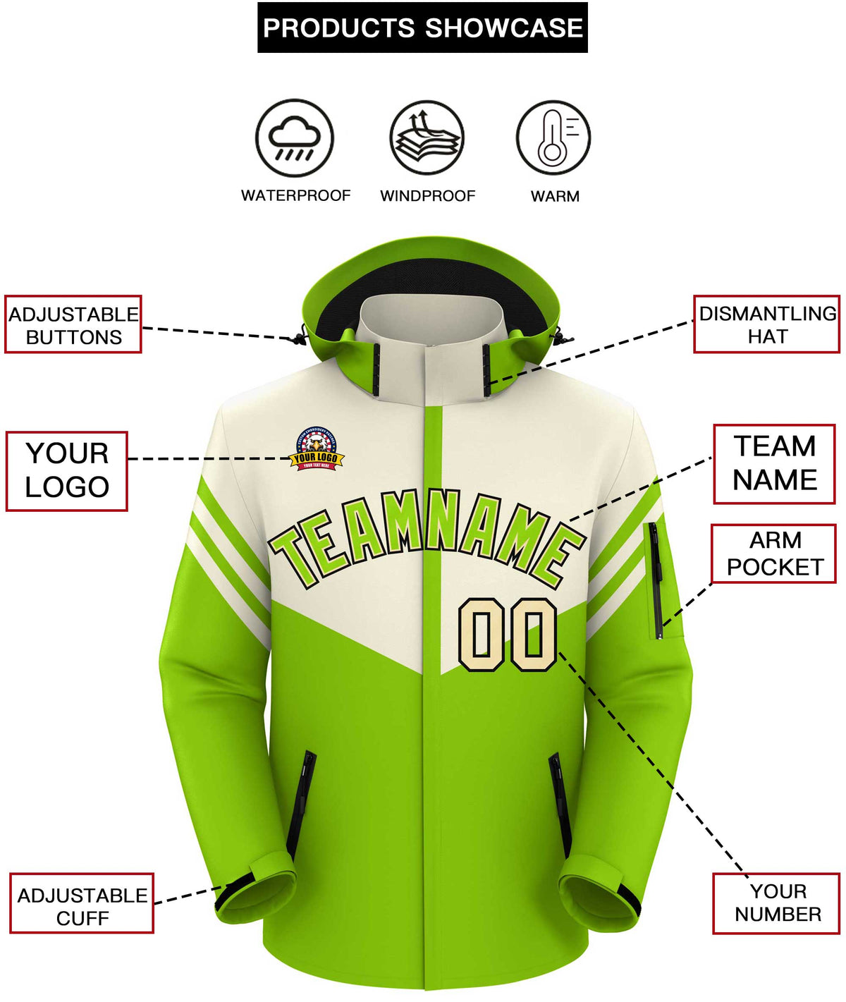 Custom Cream Neon Green Color Block Personalized Outdoor Hooded Waterproof Jacket