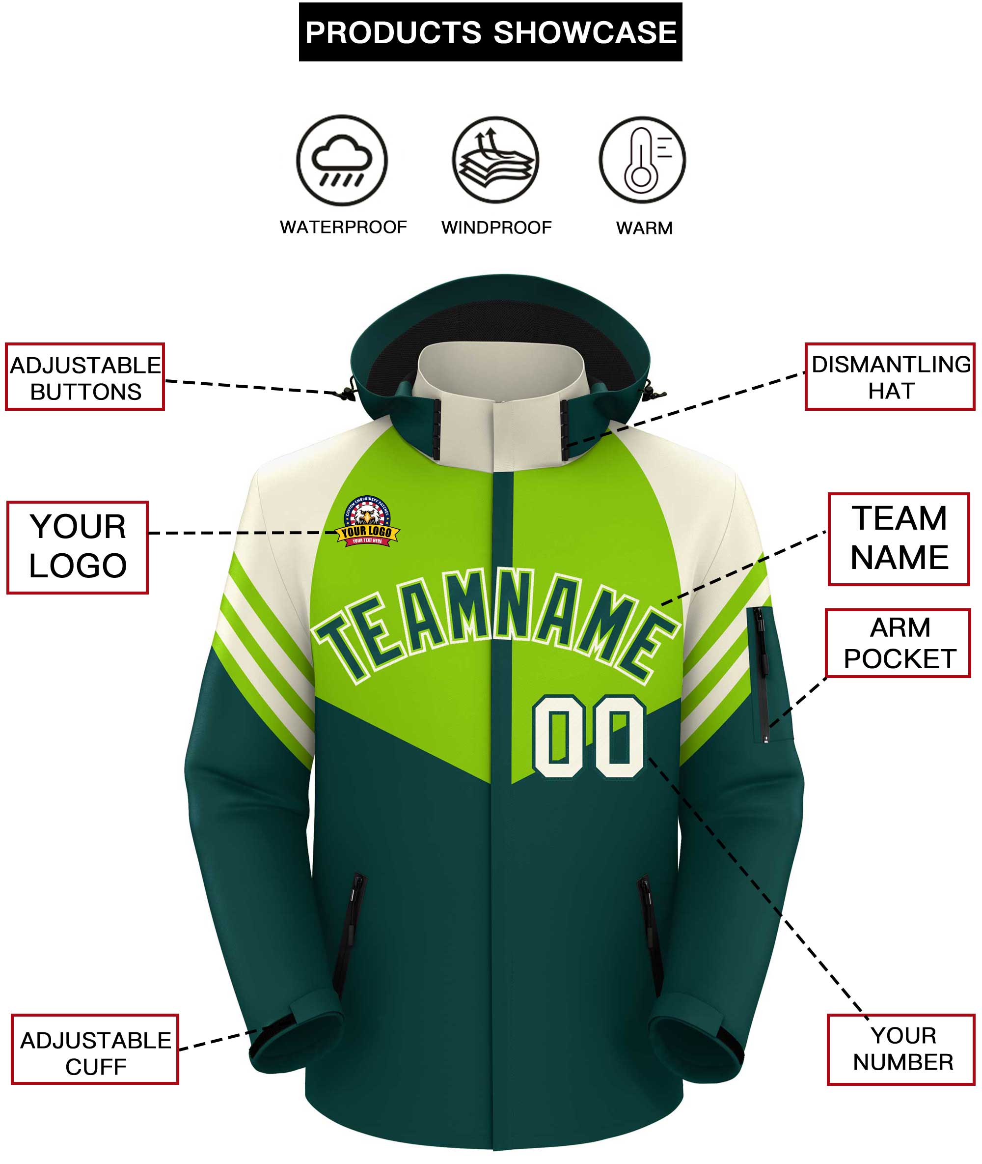 Custom Neon Green Midnight Green-Cream Color Block Personalized Outdoor Hooded Waterproof Jacket
