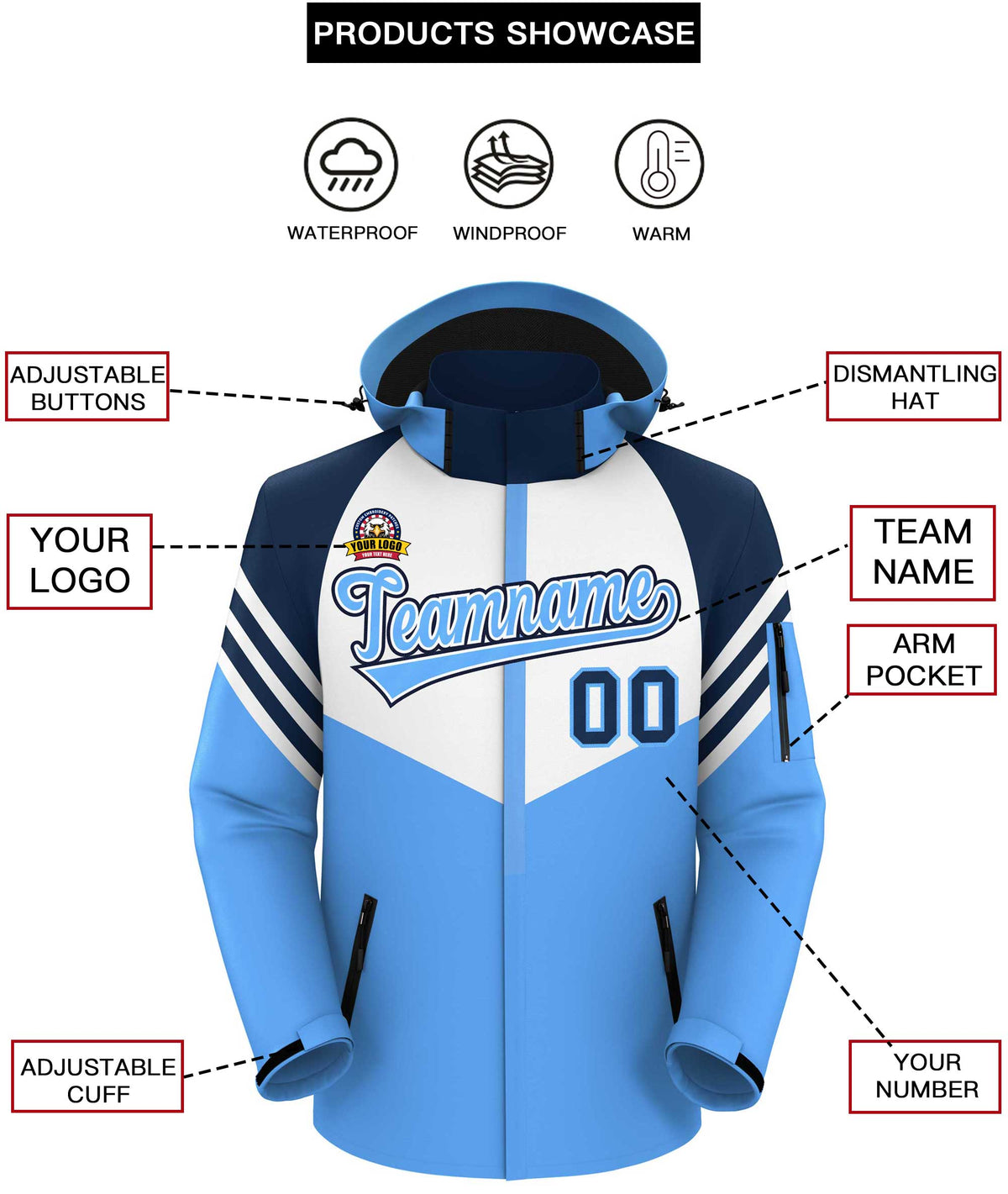 Custom White Powder Blue-Navy Color Block Personalized Outdoor Hooded Waterproof Jacket