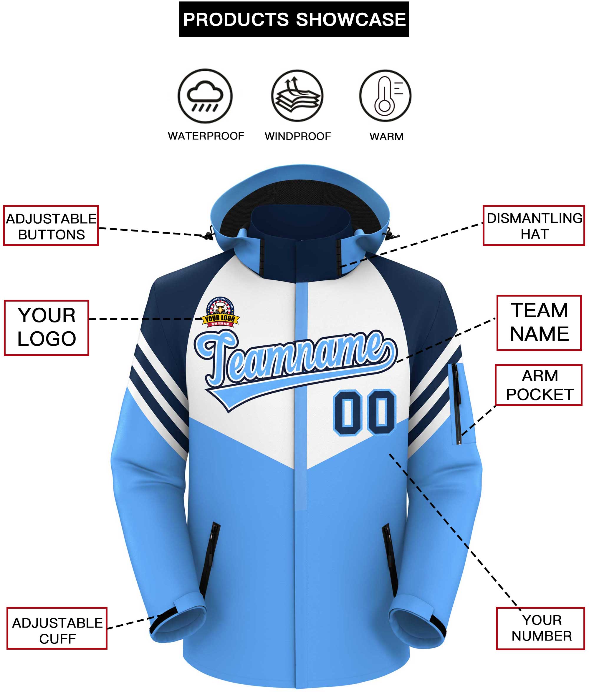 Custom White Powder Blue-Navy Color Block Personalized Outdoor Hooded Waterproof Jacket