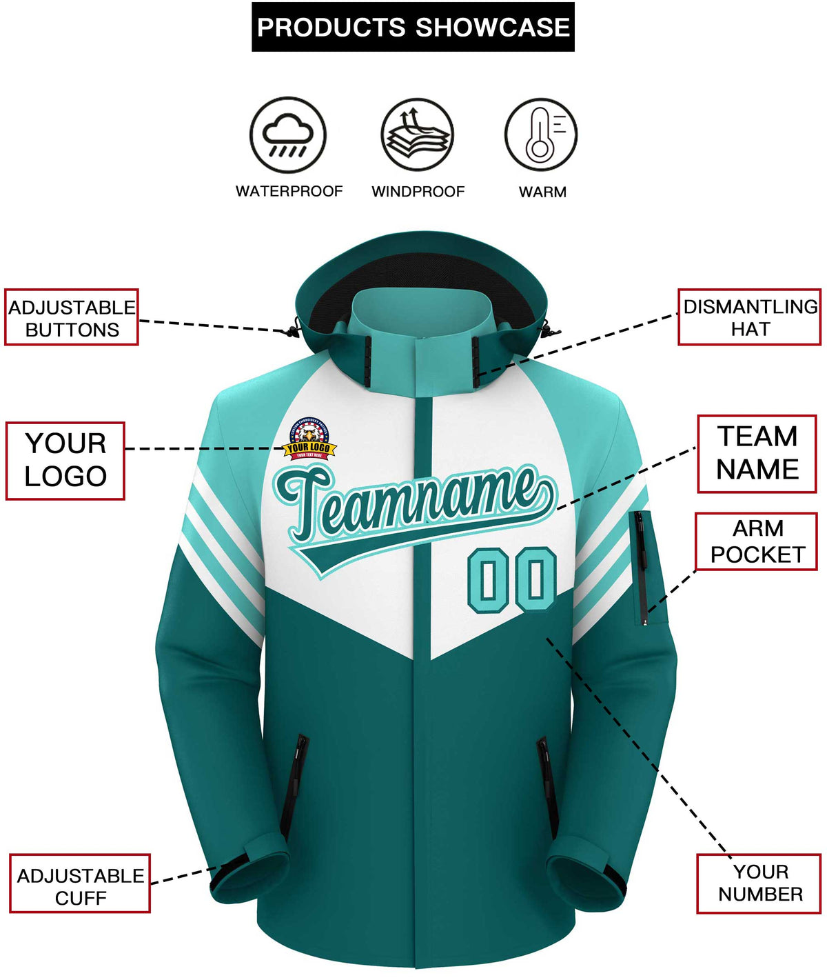 Custom White Aqua-Aqua Color Block Personalized Outdoor Hooded Waterproof Jacket