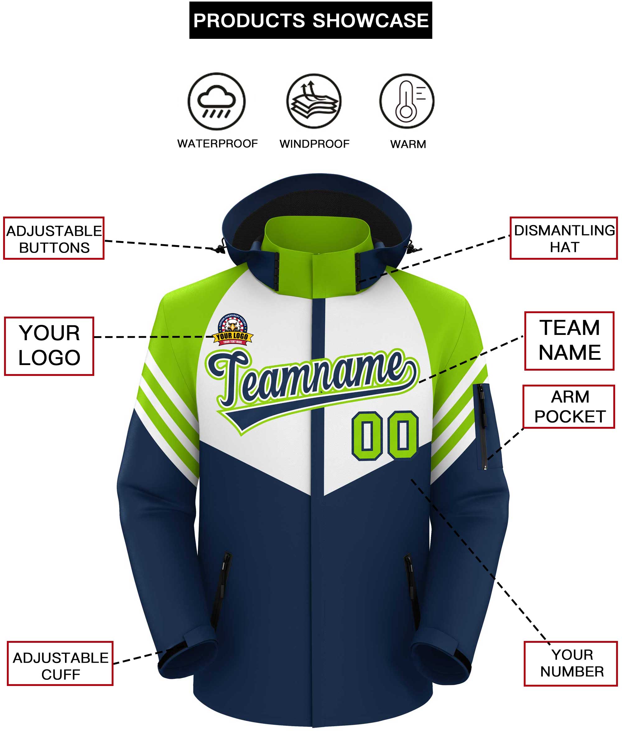 Custom White Navy-Neon Green Color Block Personalized Outdoor Hooded Waterproof Jacket