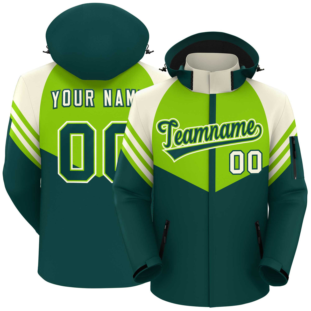 Custom Neon Green Midnight Green-Cream Color Block Personalized Outdoor Hooded Waterproof Jacket