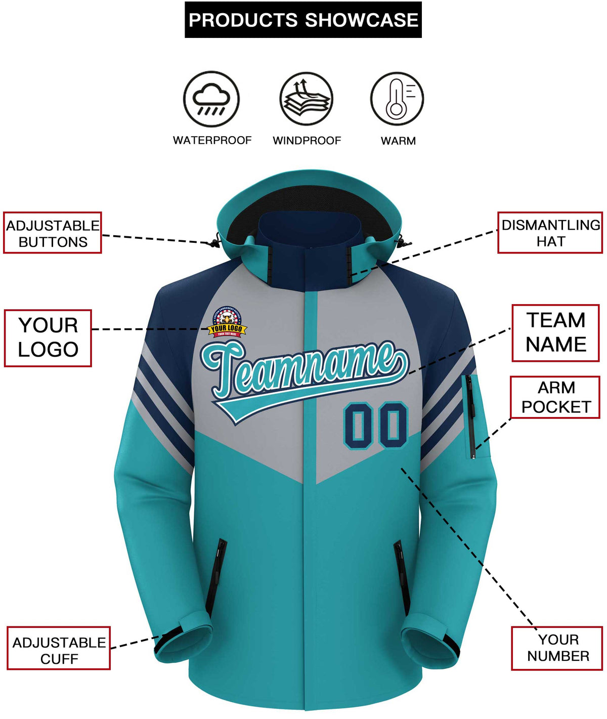 Custom Gray Aqua-Navy Color Block Personalized Outdoor Hooded Waterproof Jacket
