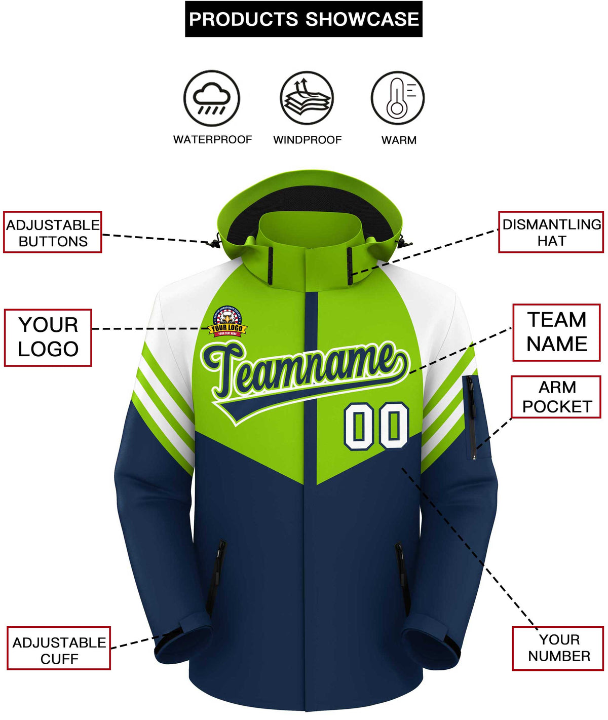Custom Neon Green Navy-White Color Block Personalized Outdoor Hooded Waterproof Jacket