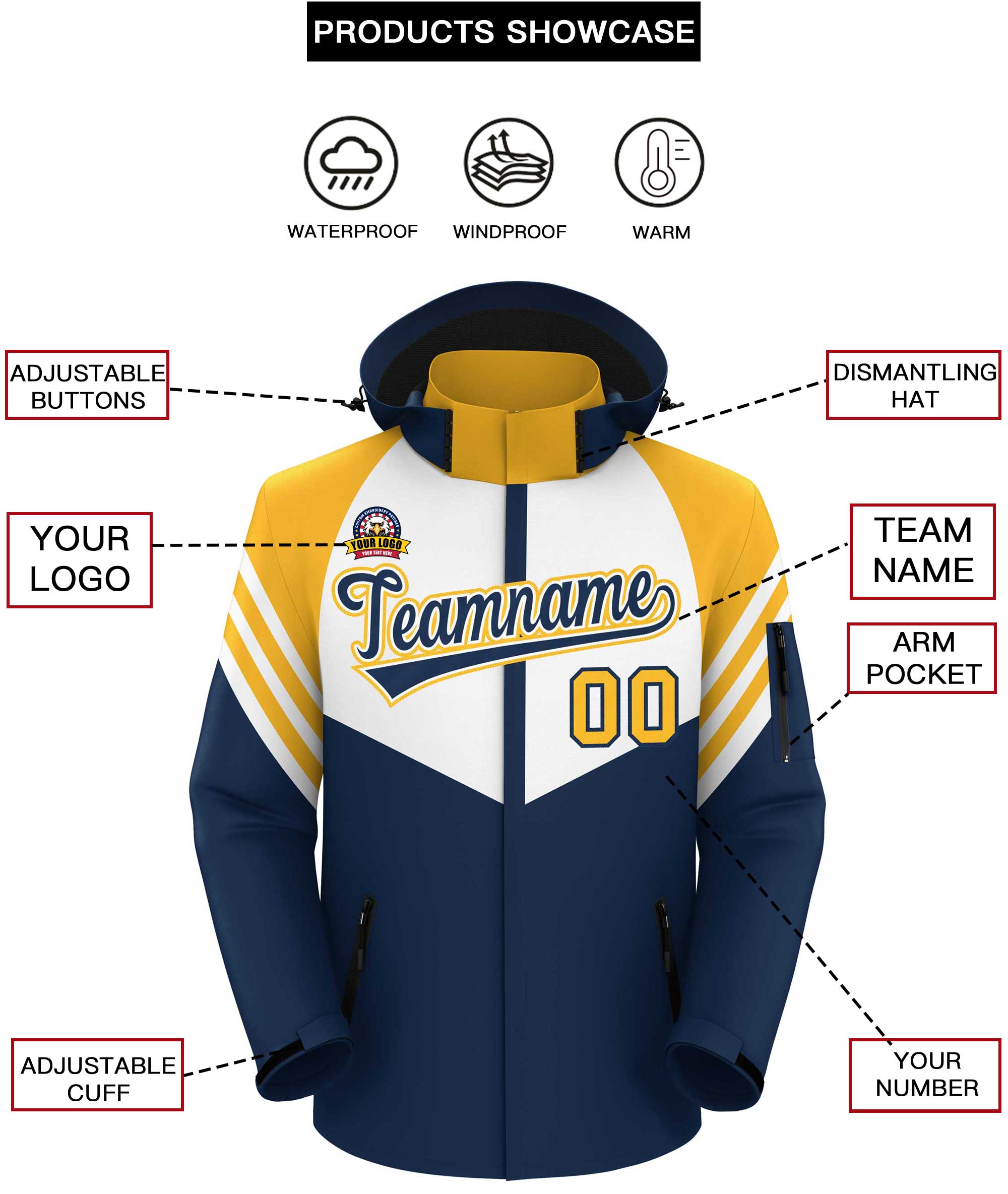 Custom White Navy-Gold Color Block Personalized Outdoor Hooded Waterproof Jacket