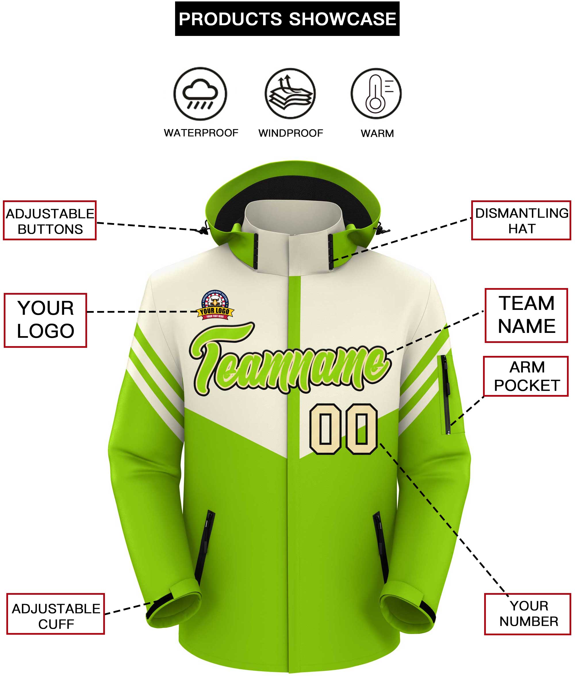 Custom Cream Neon Green Color Block Personalized Outdoor Hooded Waterproof Jacket