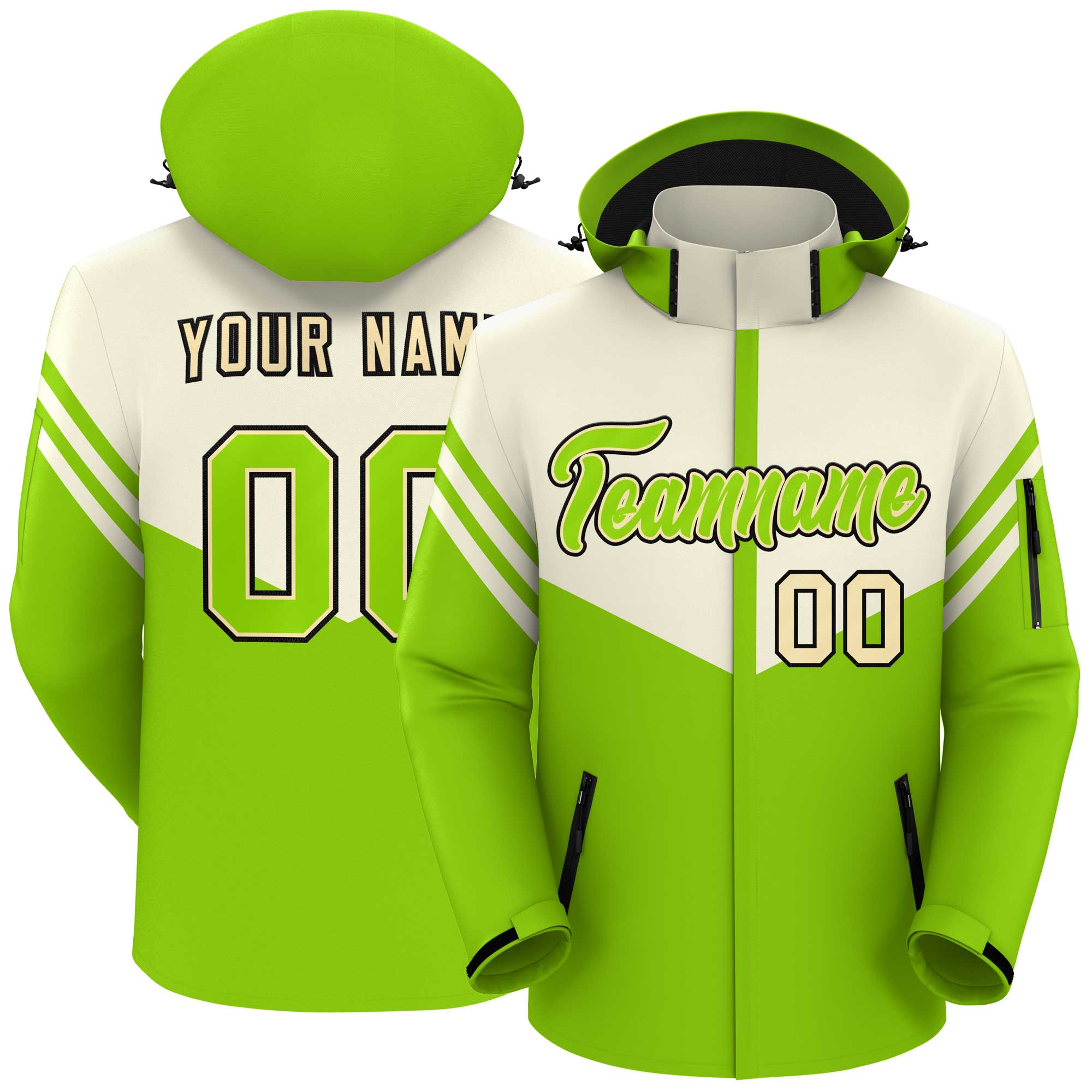 Custom Cream Neon Green Color Block Personalized Outdoor Hooded Waterproof Jacket