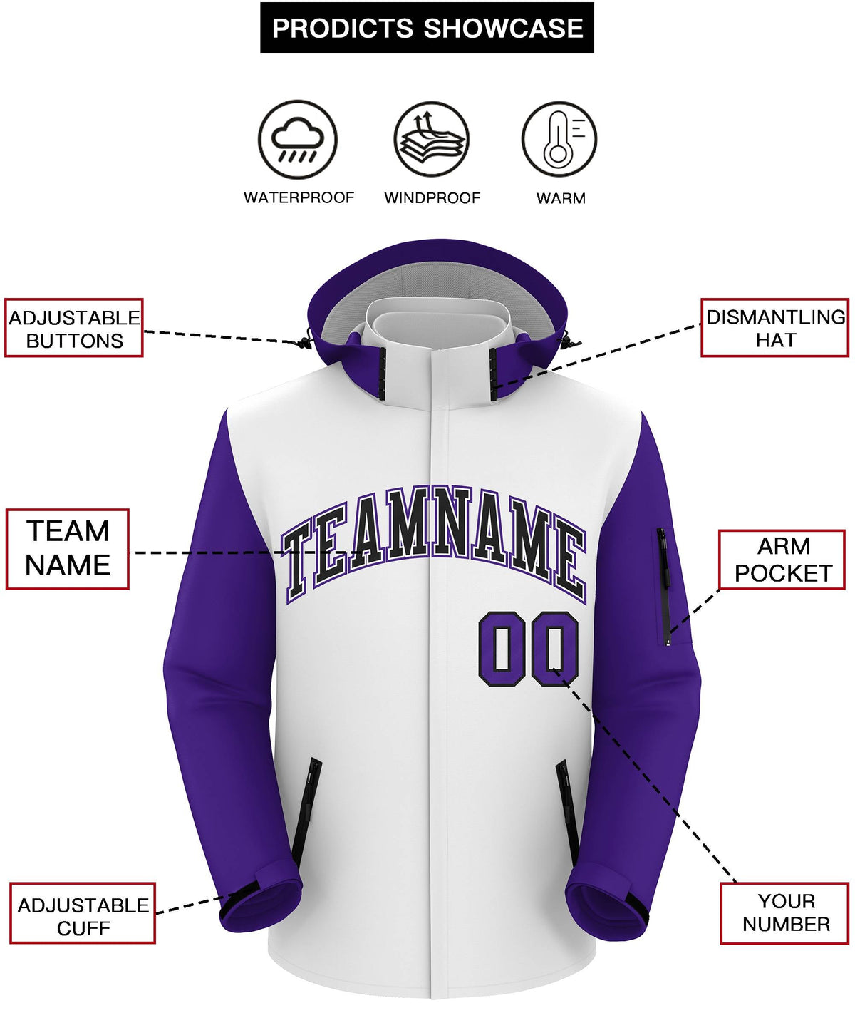 Custom White Purple-Black Raglan Sleeves Waterproof Jacket