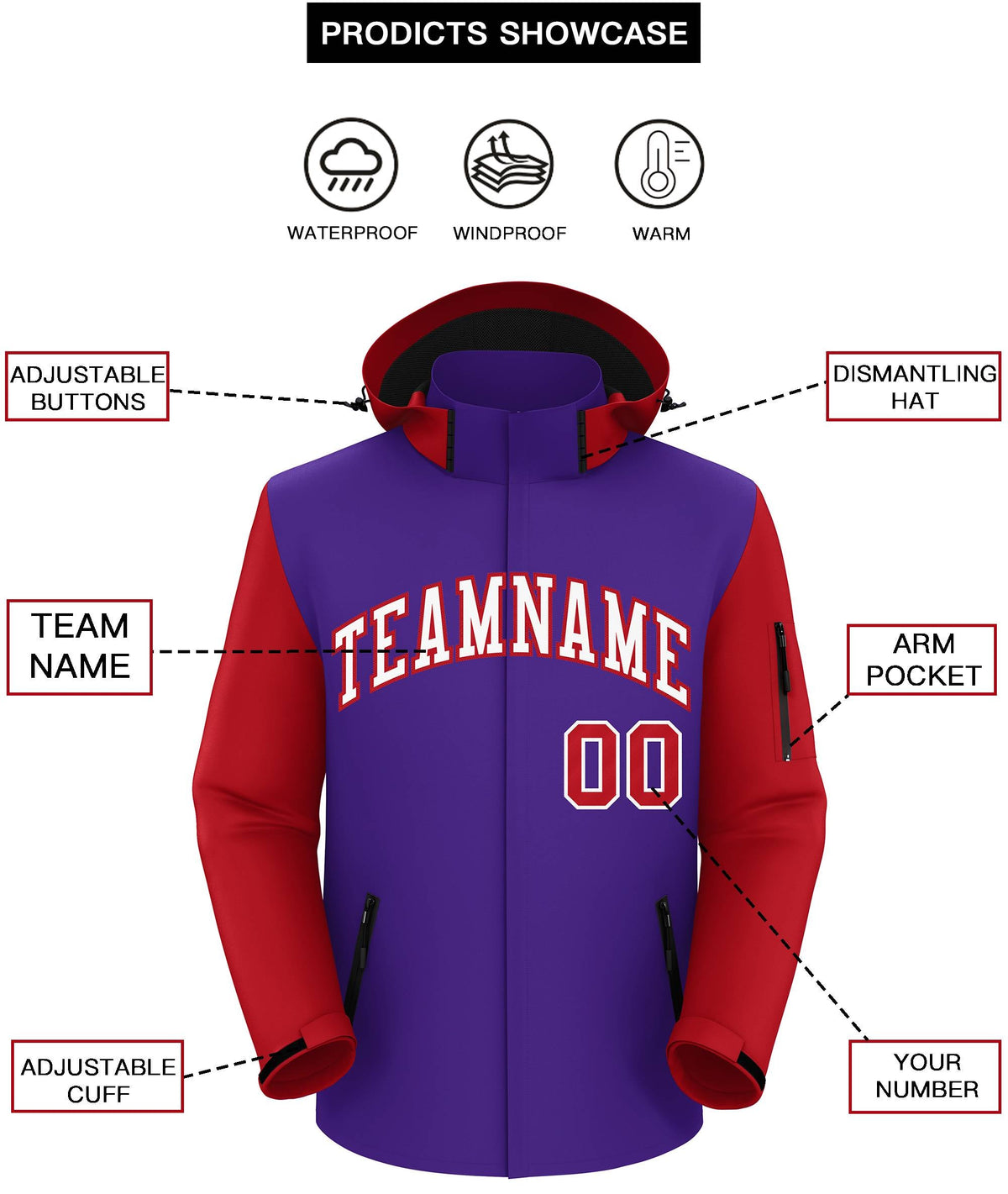 Custom Purple Red-White Raglan Sleeves Waterproof Jacket