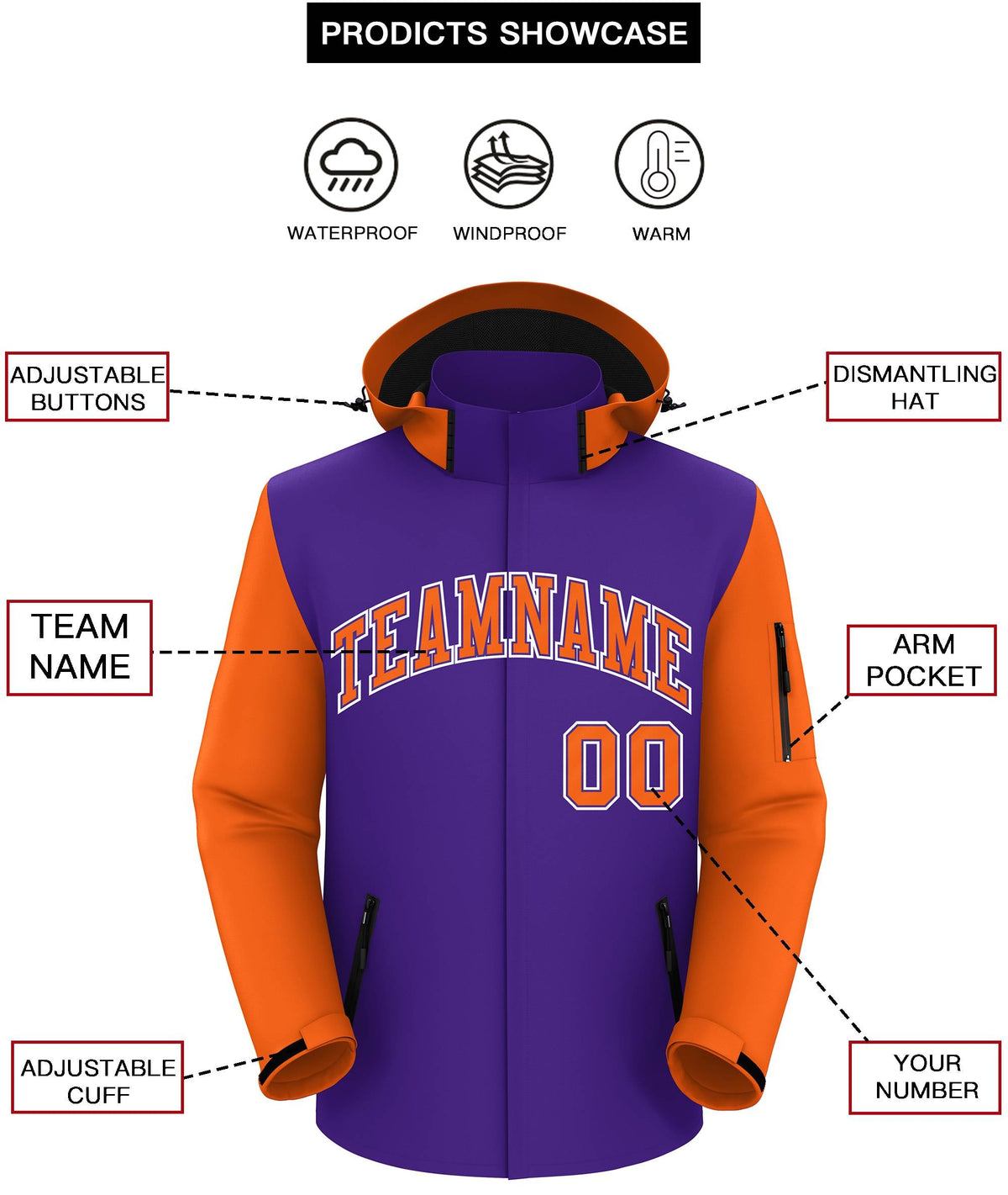 Custom Purple Orange-White Raglan Sleeves Waterproof Jacket