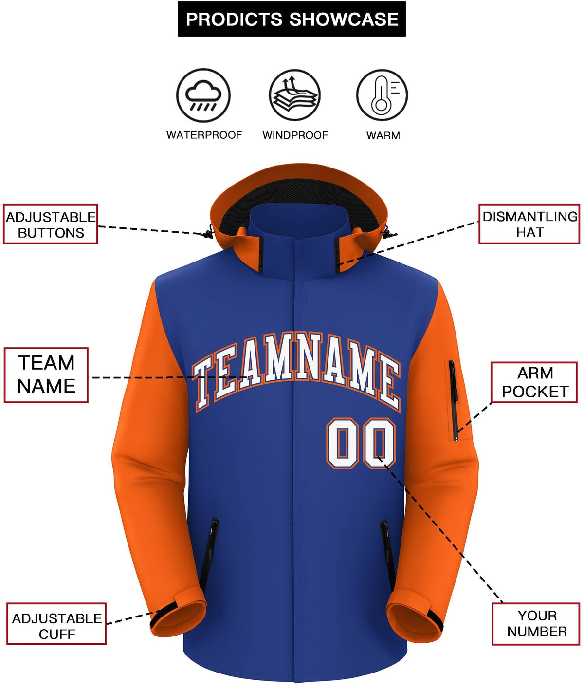 Custom Royal Orange-White Raglan Sleeves Waterproof Jacket