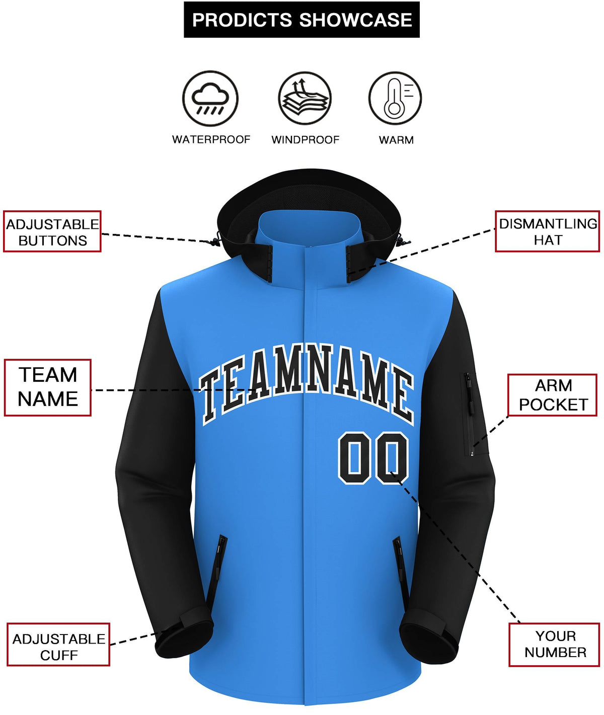 Custom Powder Blue Black-White Raglan Sleeves Waterproof Jacket