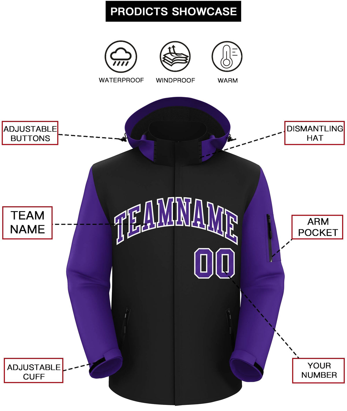 Custom Black Purple-White Raglan Sleeves Waterproof Jacket