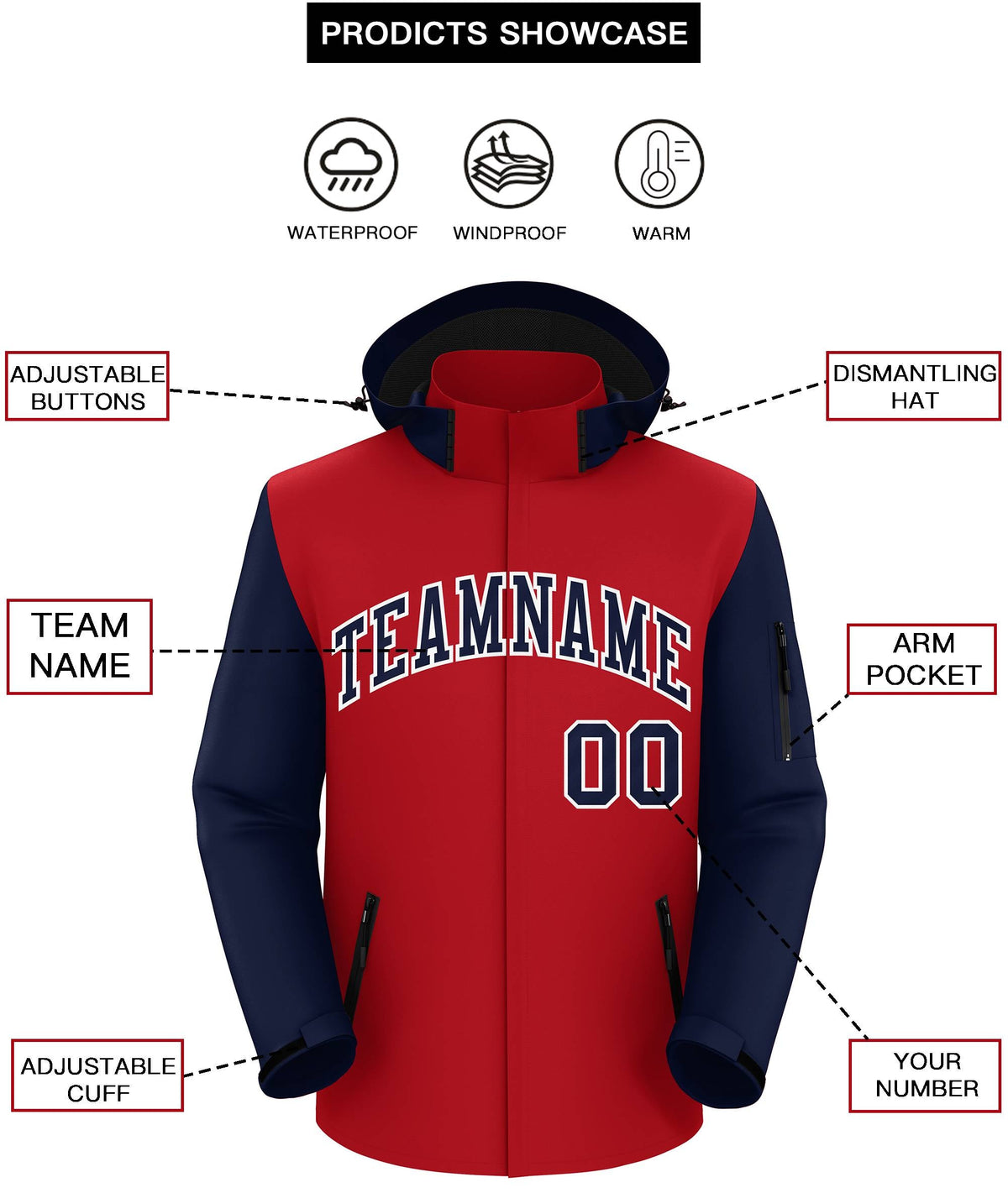 Custom Red Navy-White Raglan Sleeves Waterproof Jacket
