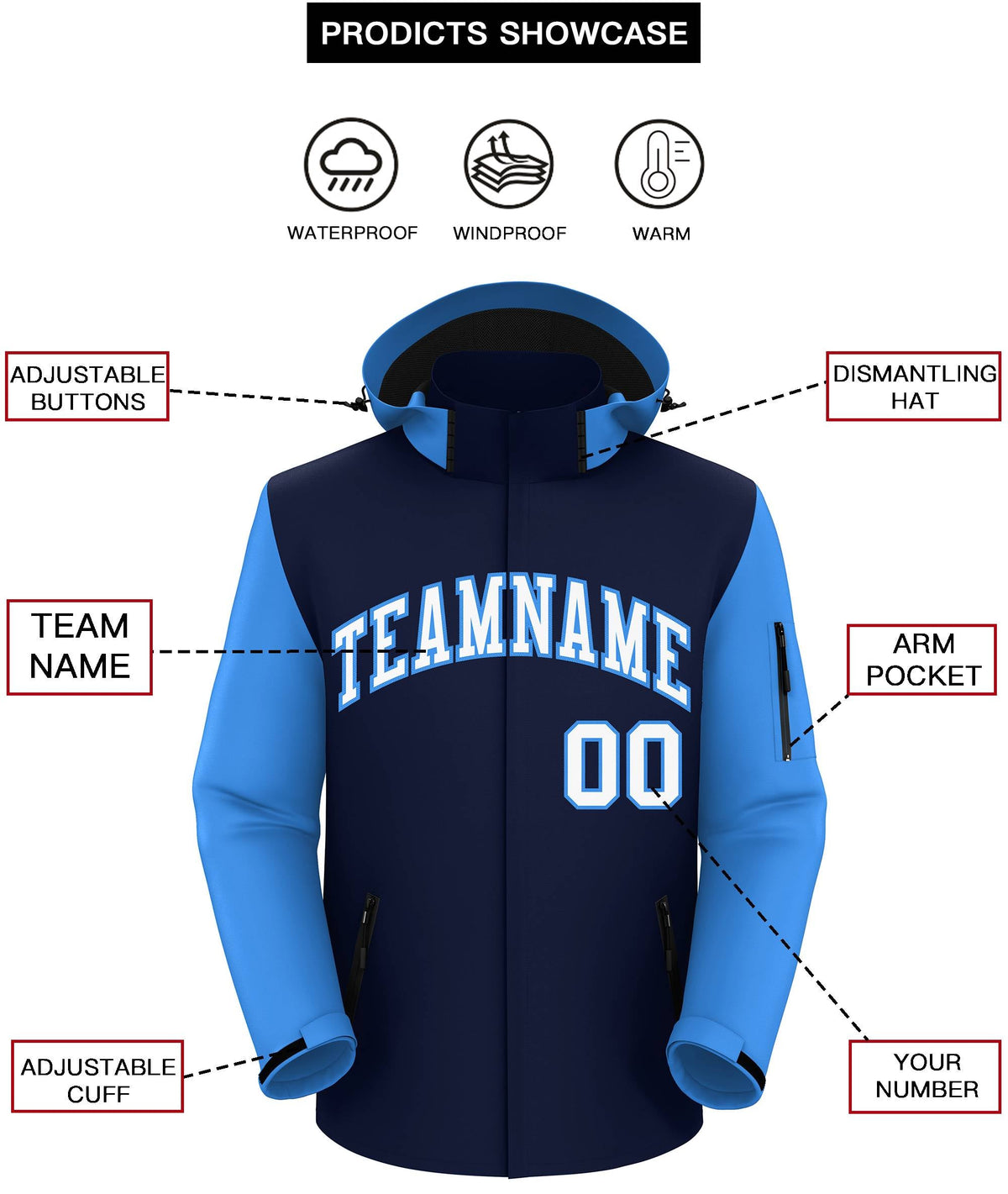 Custom Navy Powder Blue-White Raglan Sleeves Waterproof Jacket