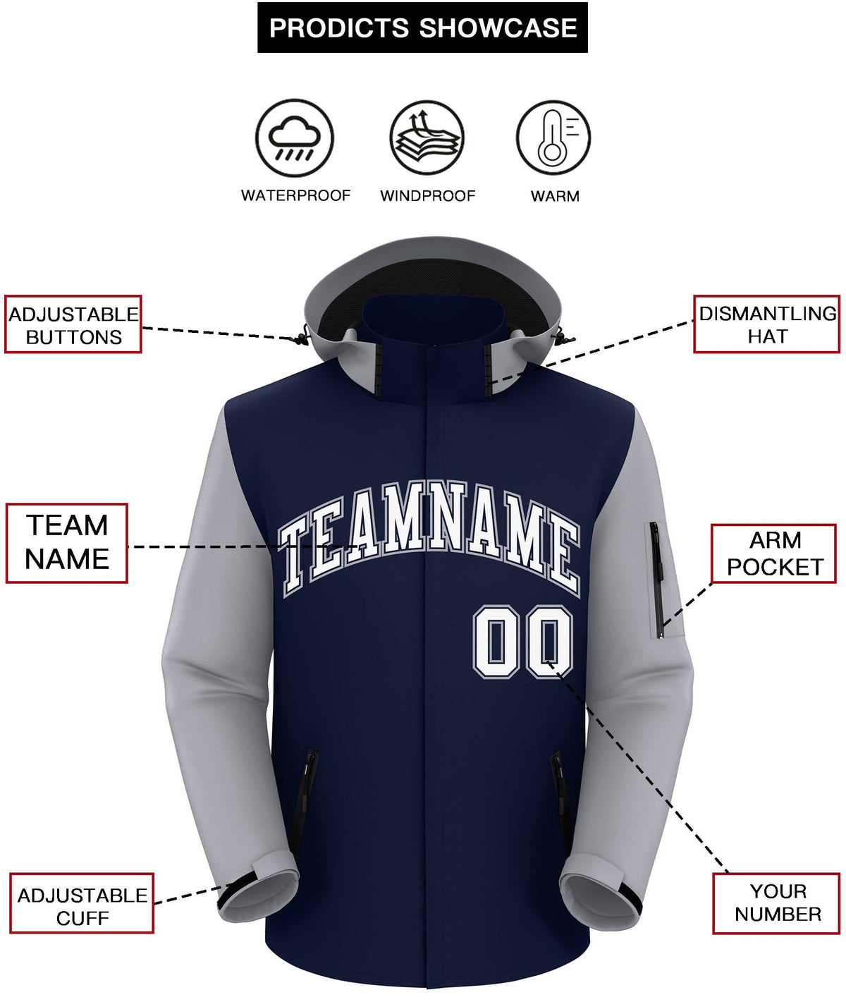 Custom Navy Gray-White Raglan Sleeves Waterproof Jacket