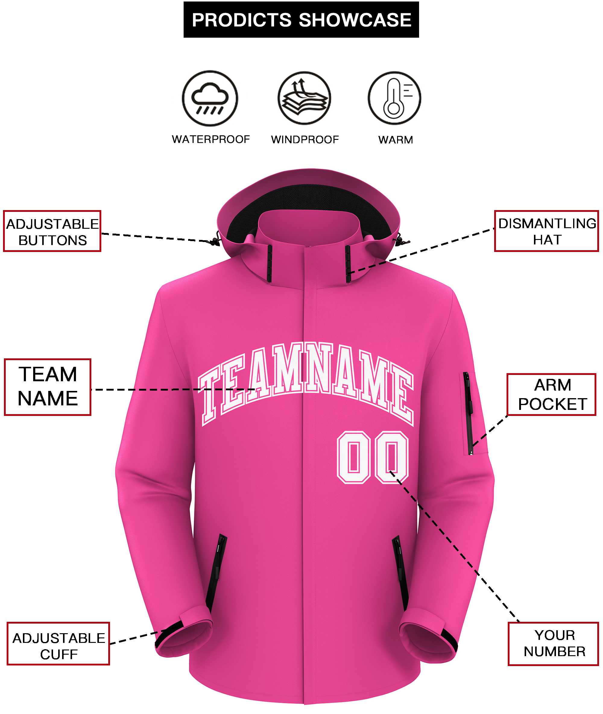 Custom Pink White-White Classic Style Waterproof Jacket