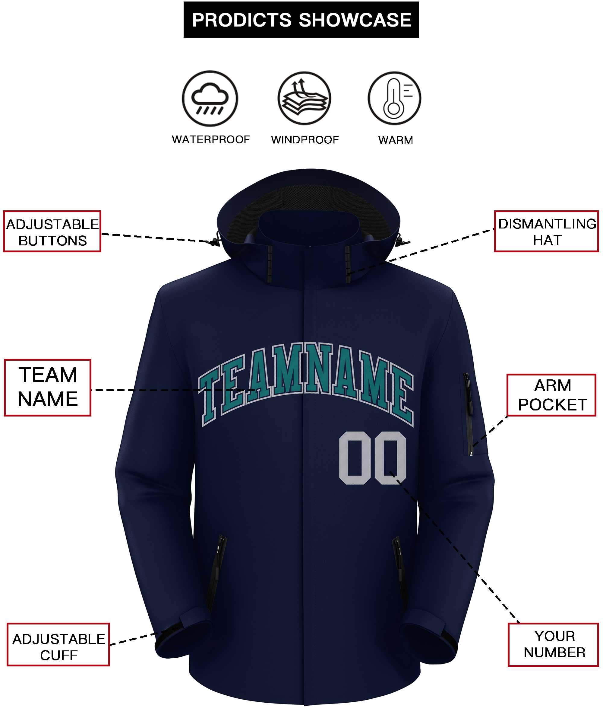 Custom Navy Teal-Gray Classic Style Waterproof Jacket