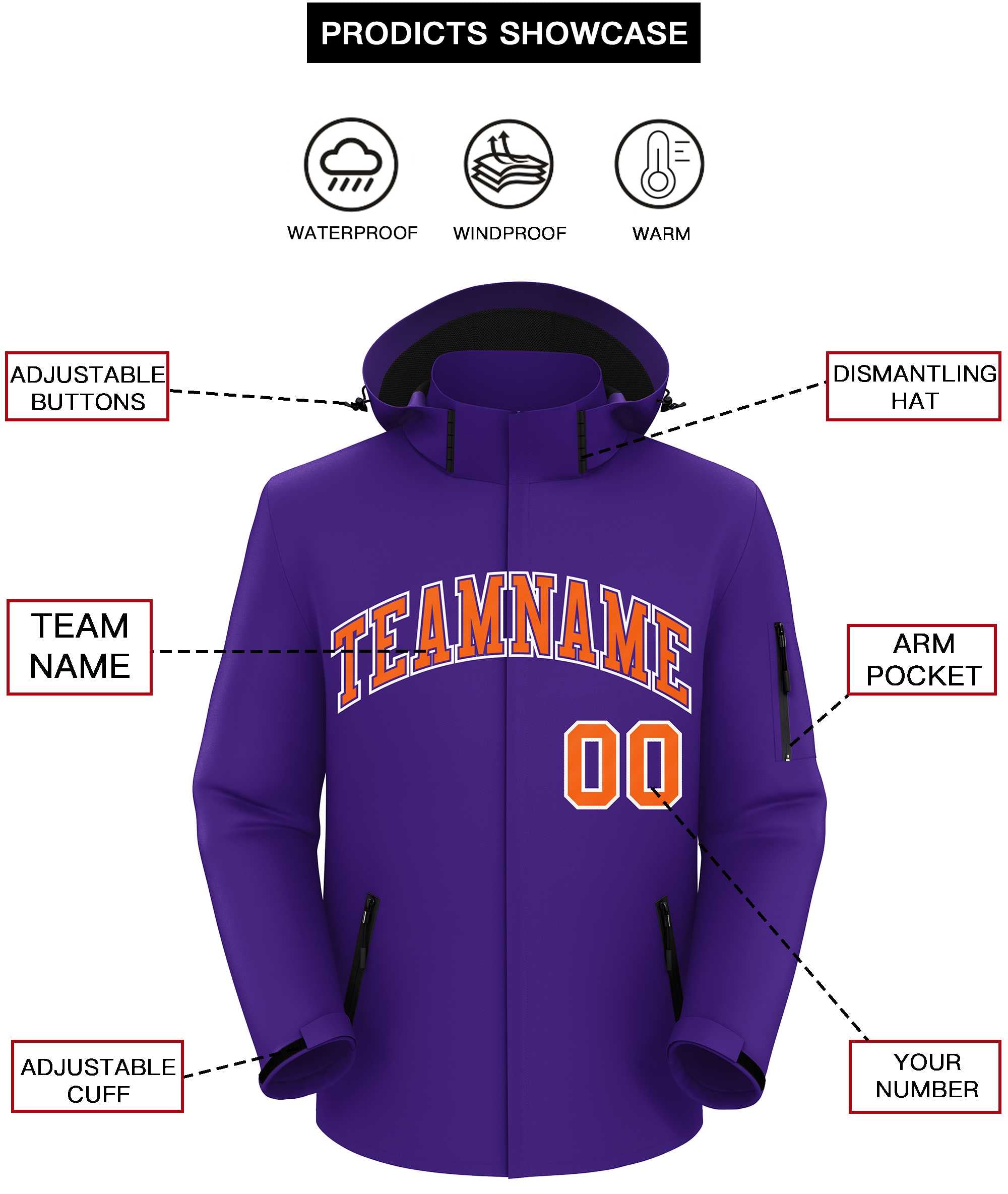 Custom Purple Orange-White Classic Style Waterproof Jacket