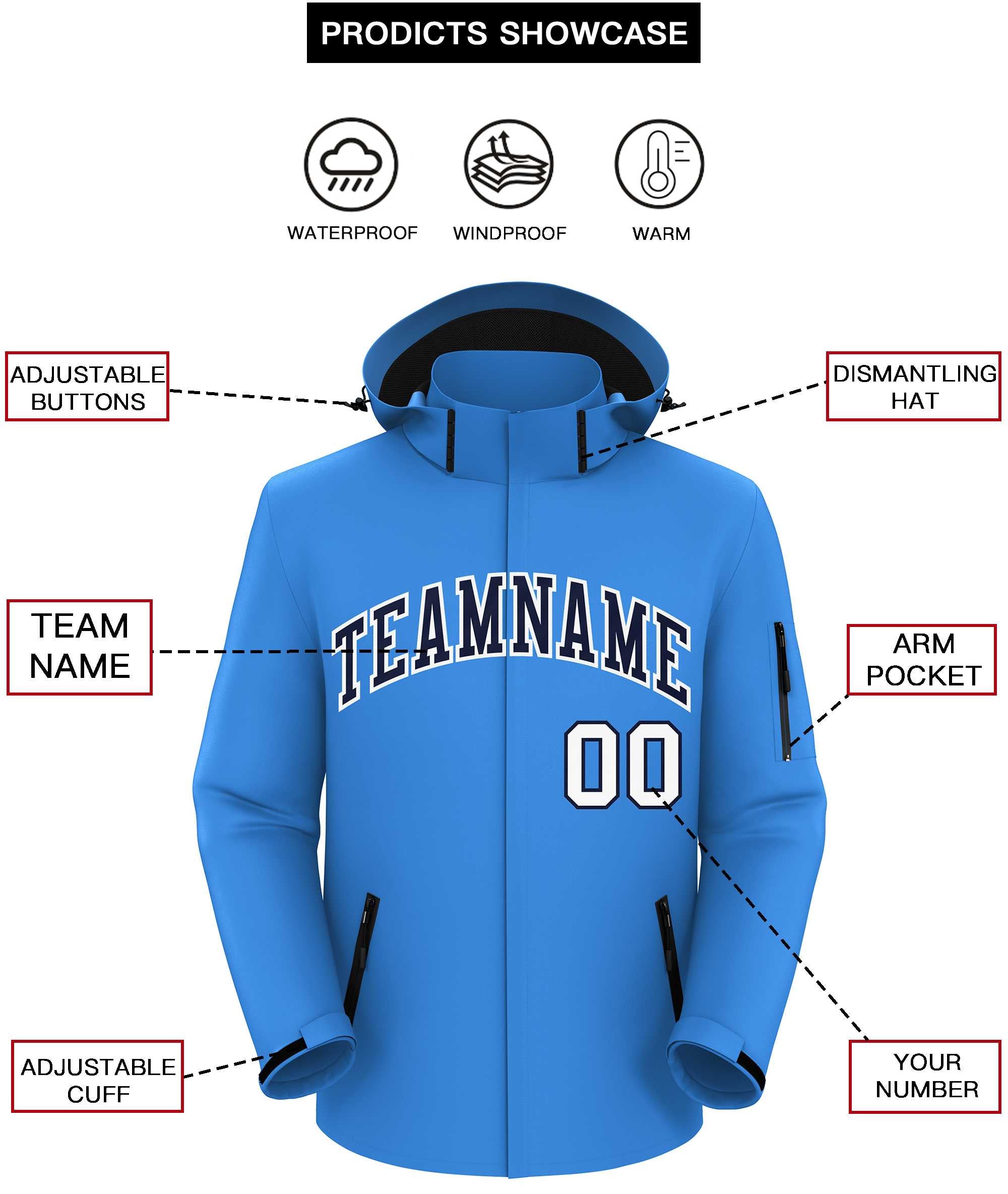 Custom Powder Blue Navy-White Classic Style Waterproof Jacket