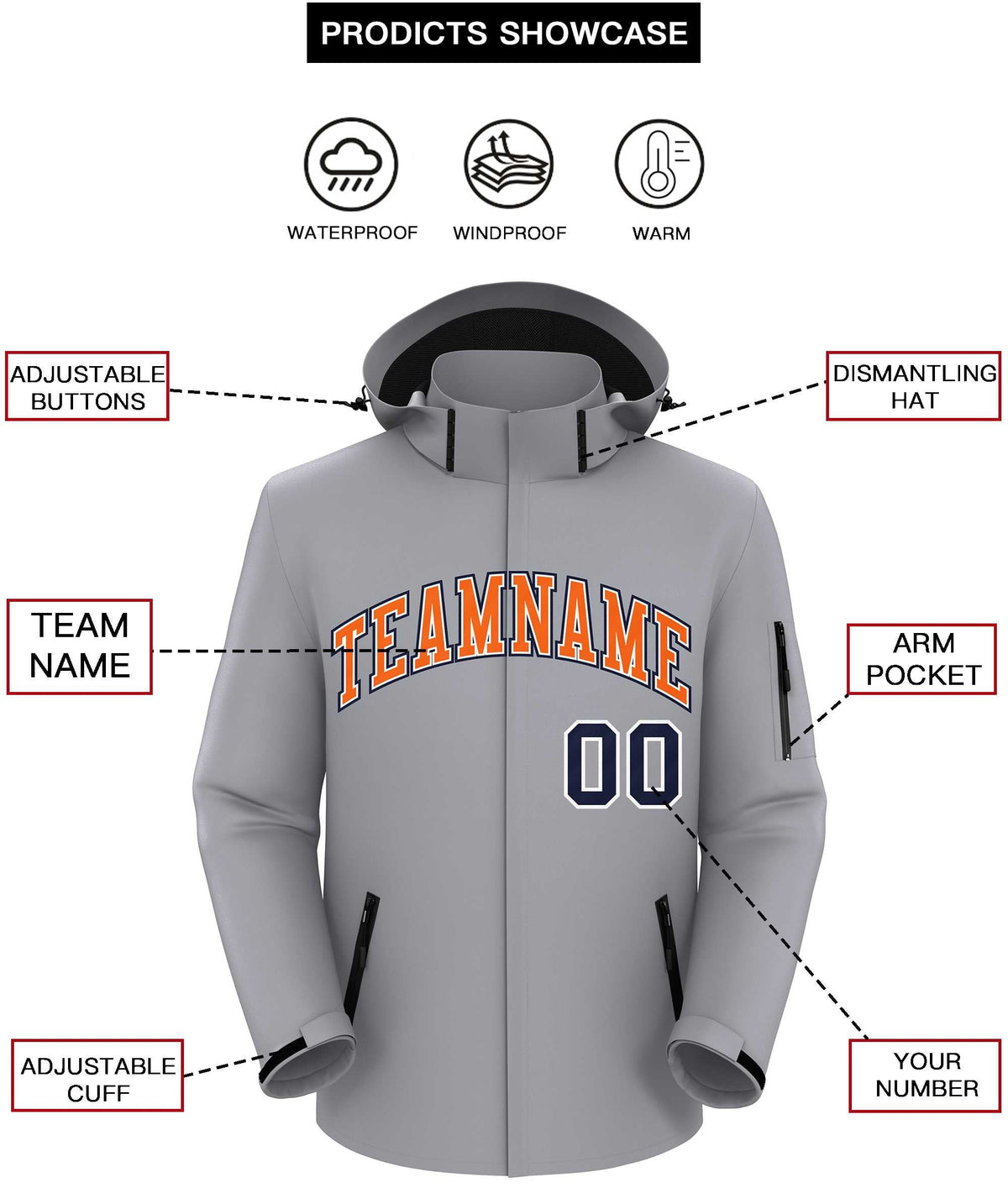 Custom Gray Orange-Navy Classic Style Waterproof Jacket