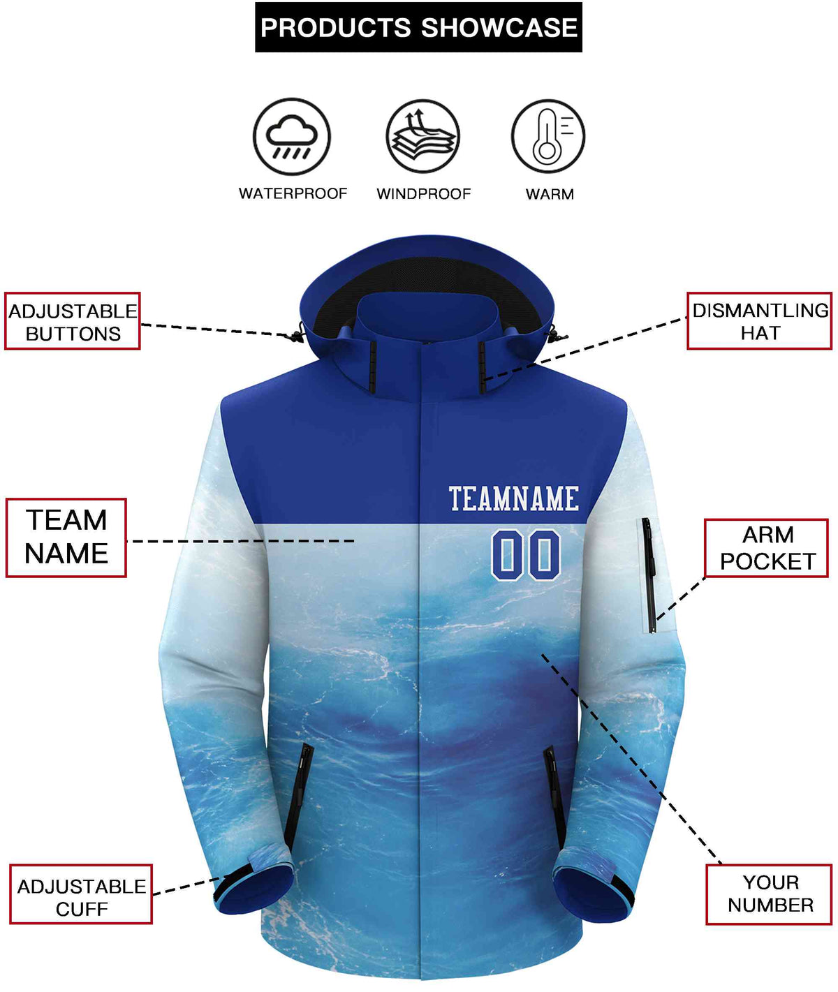 Custom Royal White Graffiti Pattern Personalized Outdoor Hooded Waterproof Jacket