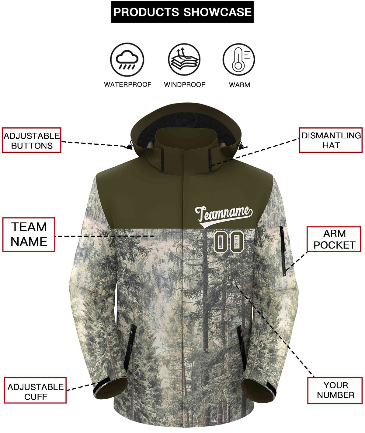 Custom Olive White Graffiti Pattern Personalized Outdoor Hooded Waterproof Jacket
