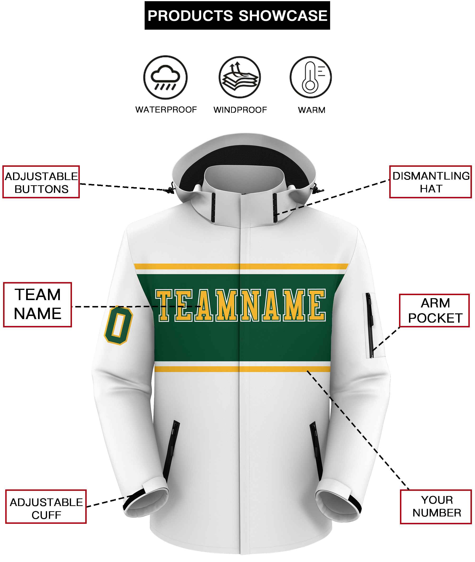 Custom White Gold-Green Color Block Personalized Outdoor Hooded Waterproof Jacket