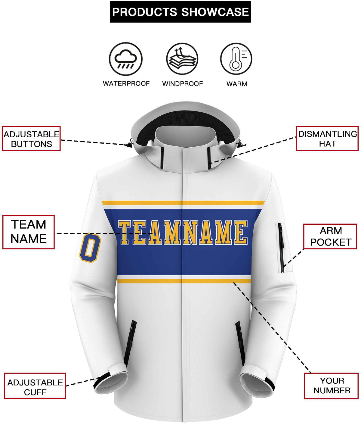 Custom White Gold-Royal Color Block Personalized Outdoor Hooded Waterproof Jacket