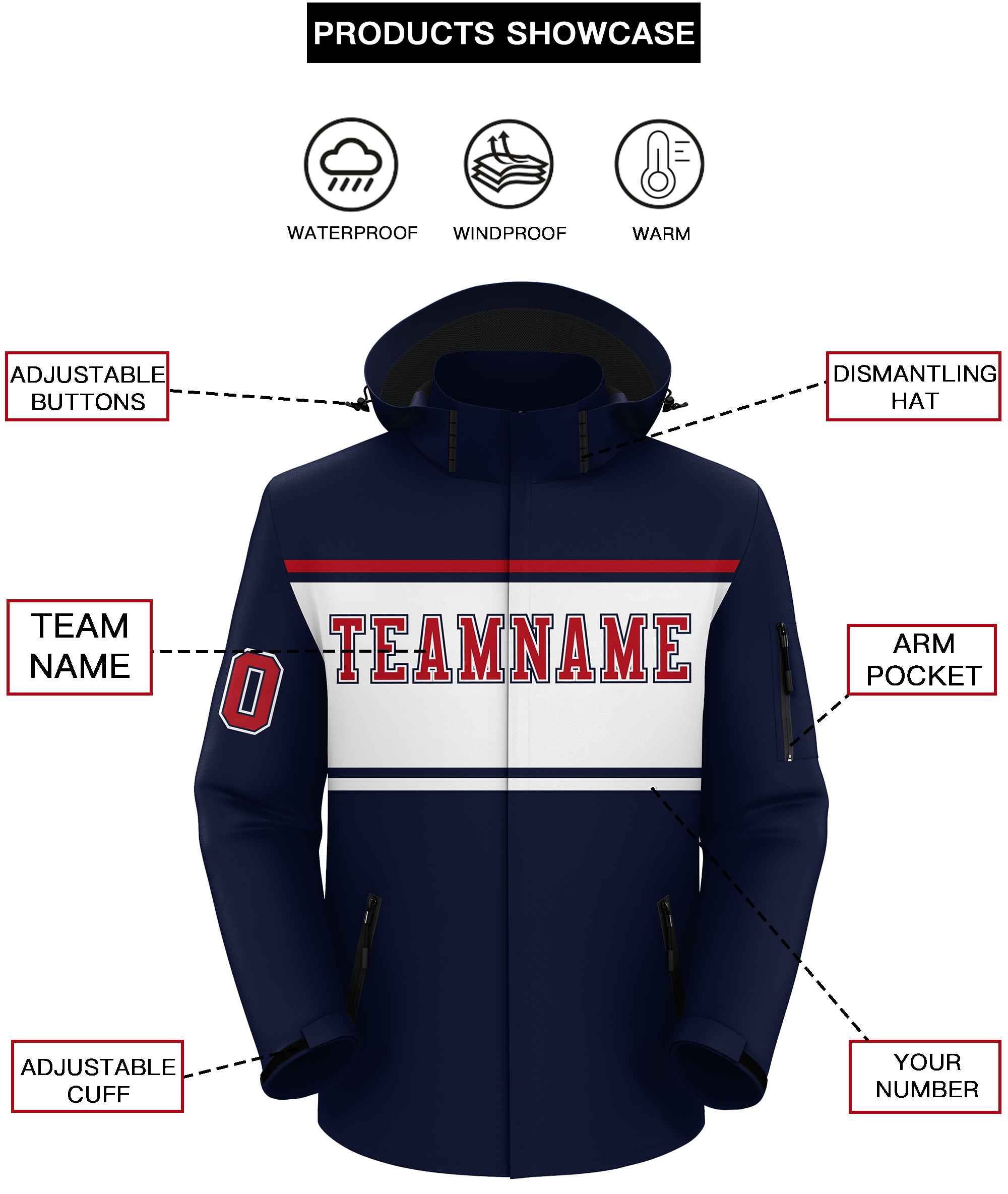Custom Navy Red-White Color Block Personalized Outdoor Hooded Waterproof Jacket