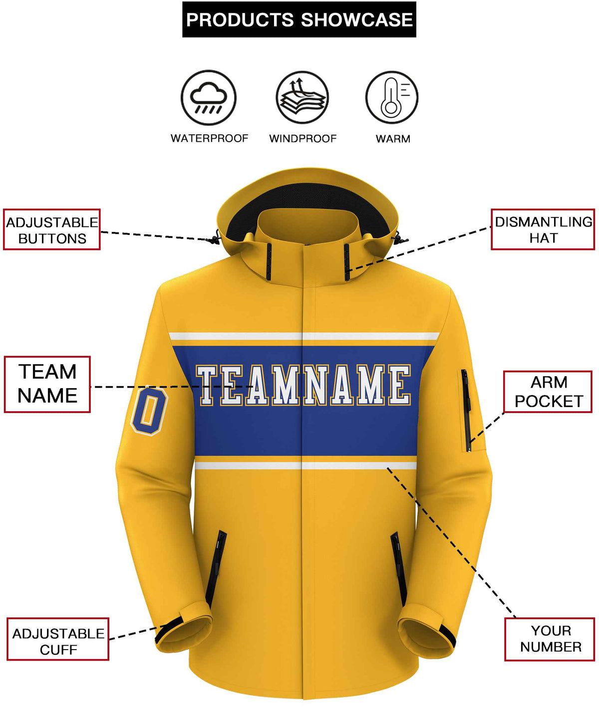 Custom Gold White-Royal Color Block Personalized Outdoor Hooded Waterproof Jacket