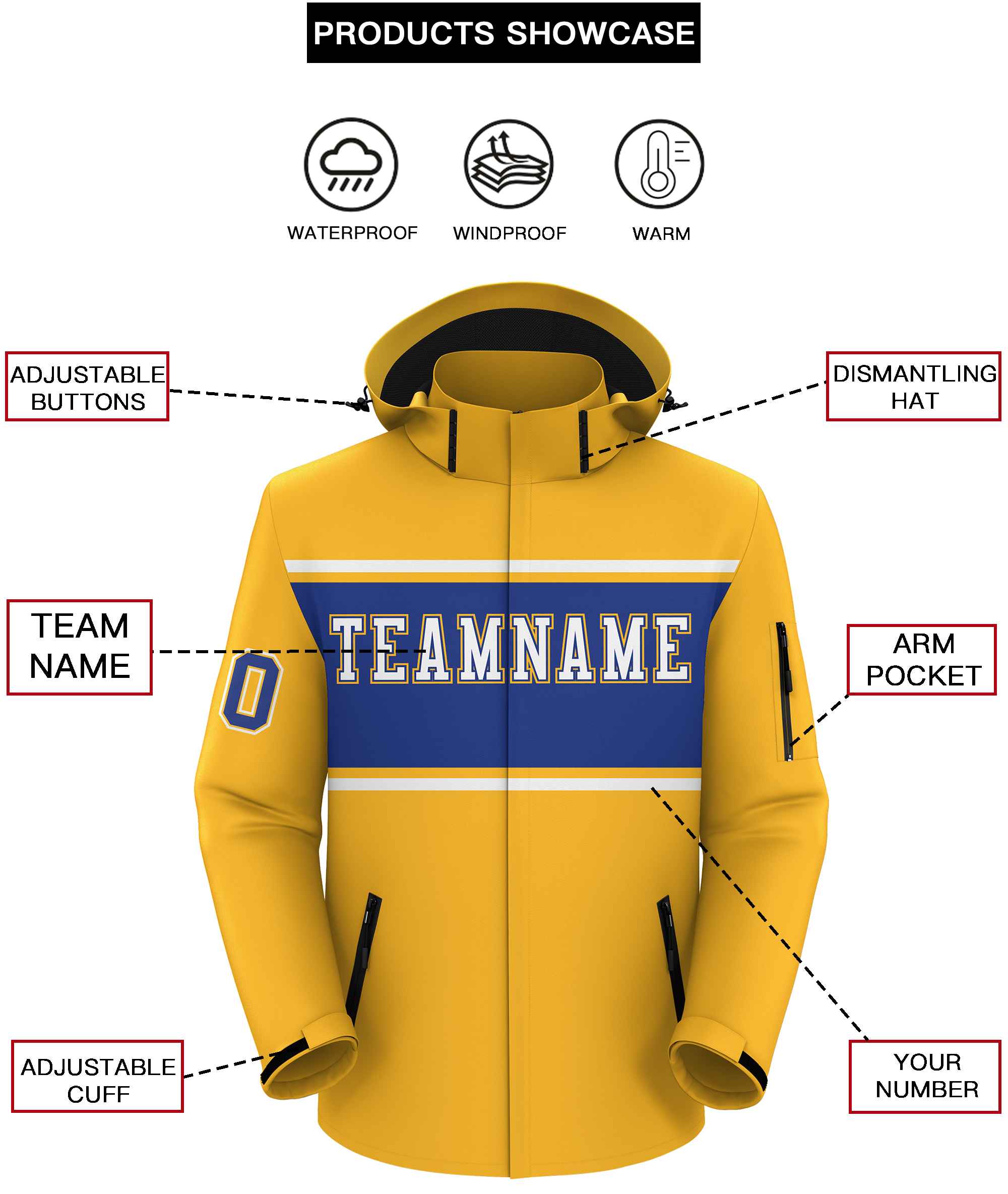 Custom Gold White-Royal Color Block Personalized Outdoor Hooded Waterproof Jacket