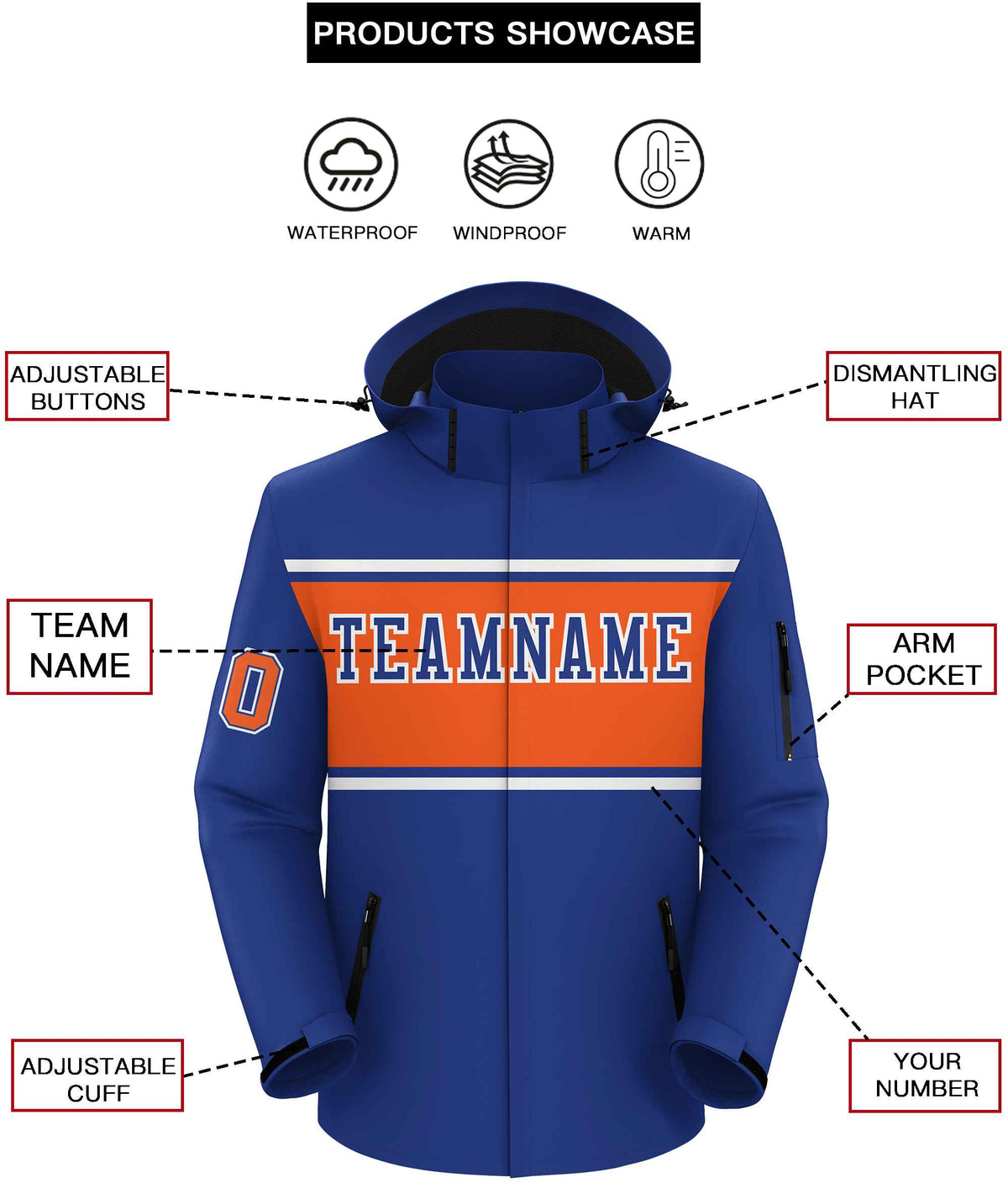 Custom Royal White-Orange Color Block Personalized Outdoor Hooded Waterproof Jacket