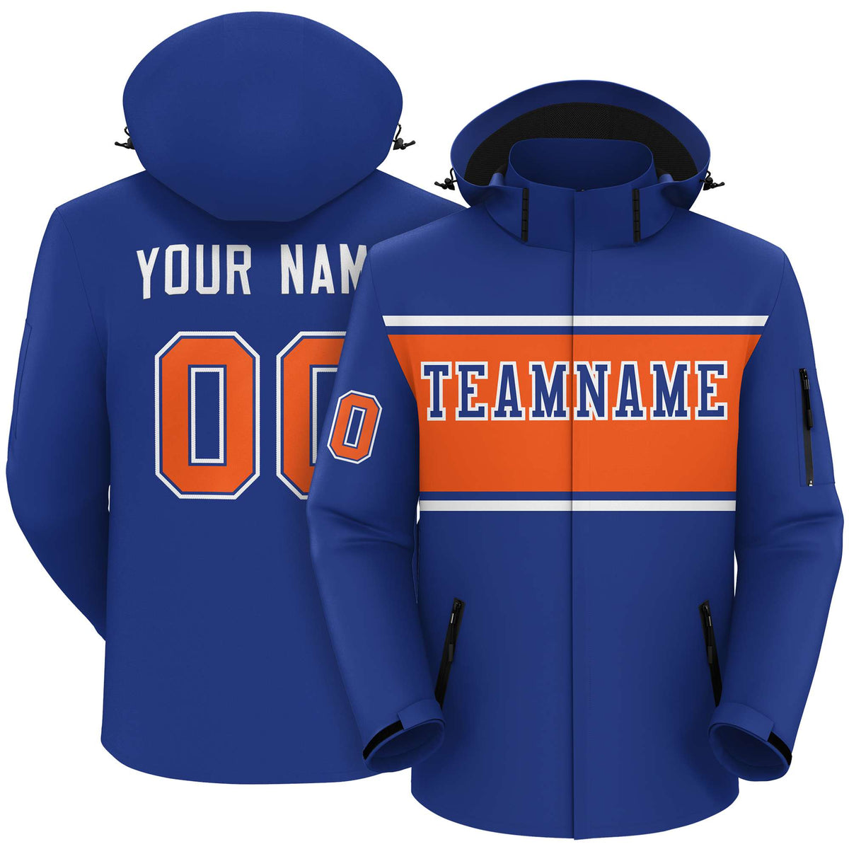 Custom Royal White-Orange Color Block Personalized Outdoor Hooded Waterproof Jacket