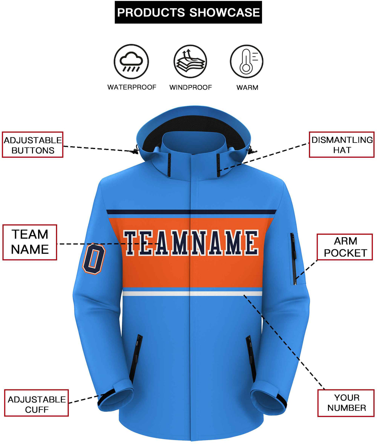 Custom Powder Blue Navy-Orange Color Block Personalized Outdoor Hooded Waterproof Jacket