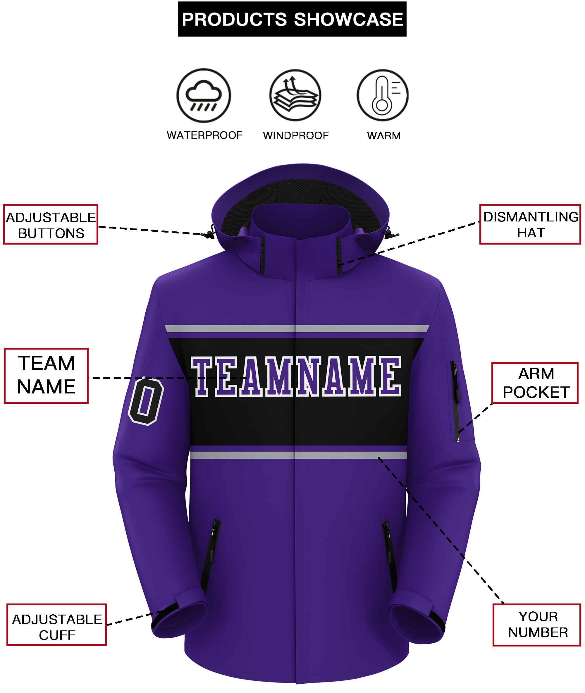 Custom Purple Gray-Black Color Block Personalized Outdoor Hooded Waterproof Jacket