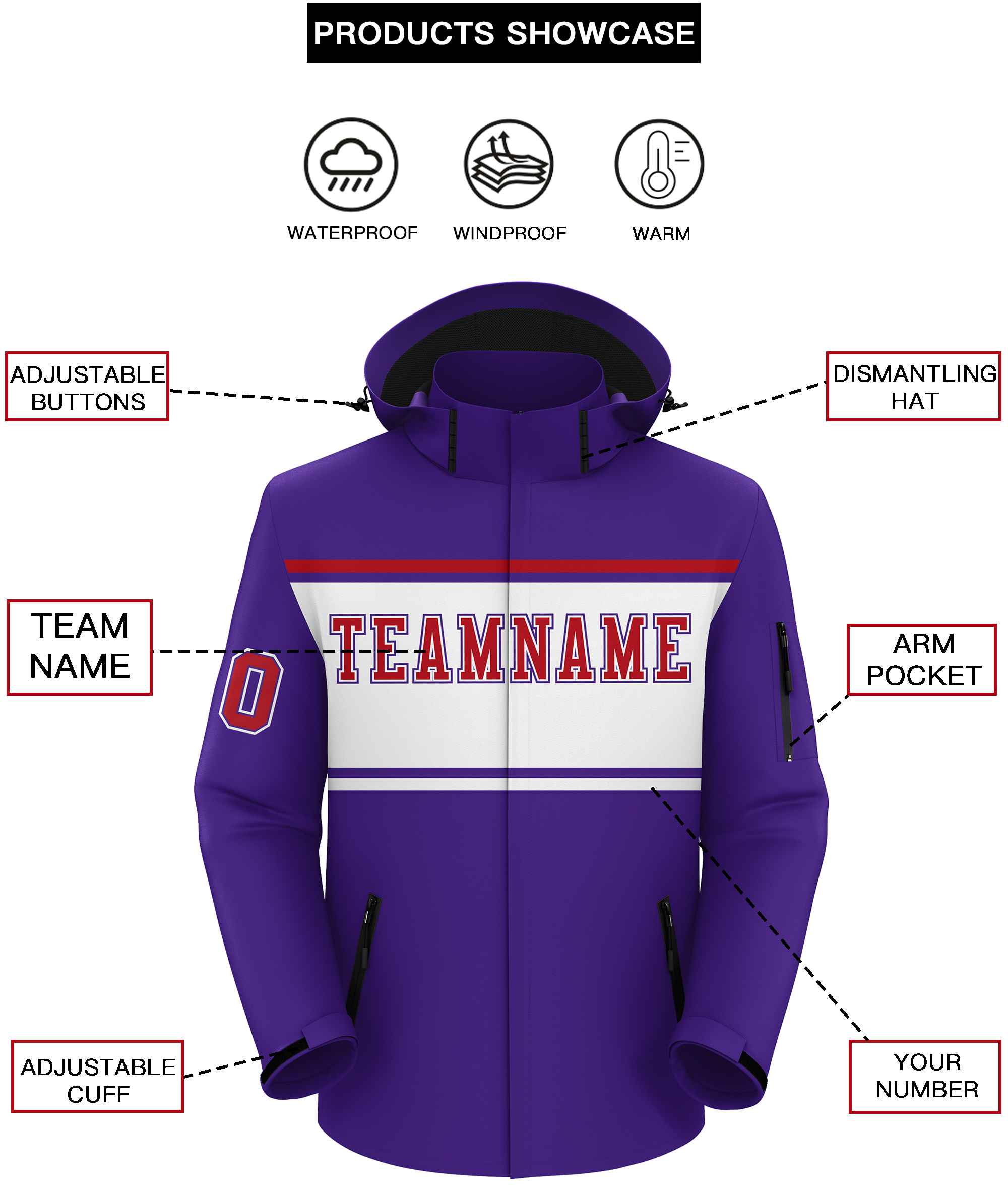 Custom Purple Red-White Color Block Personalized Outdoor Hooded Waterproof Jacket