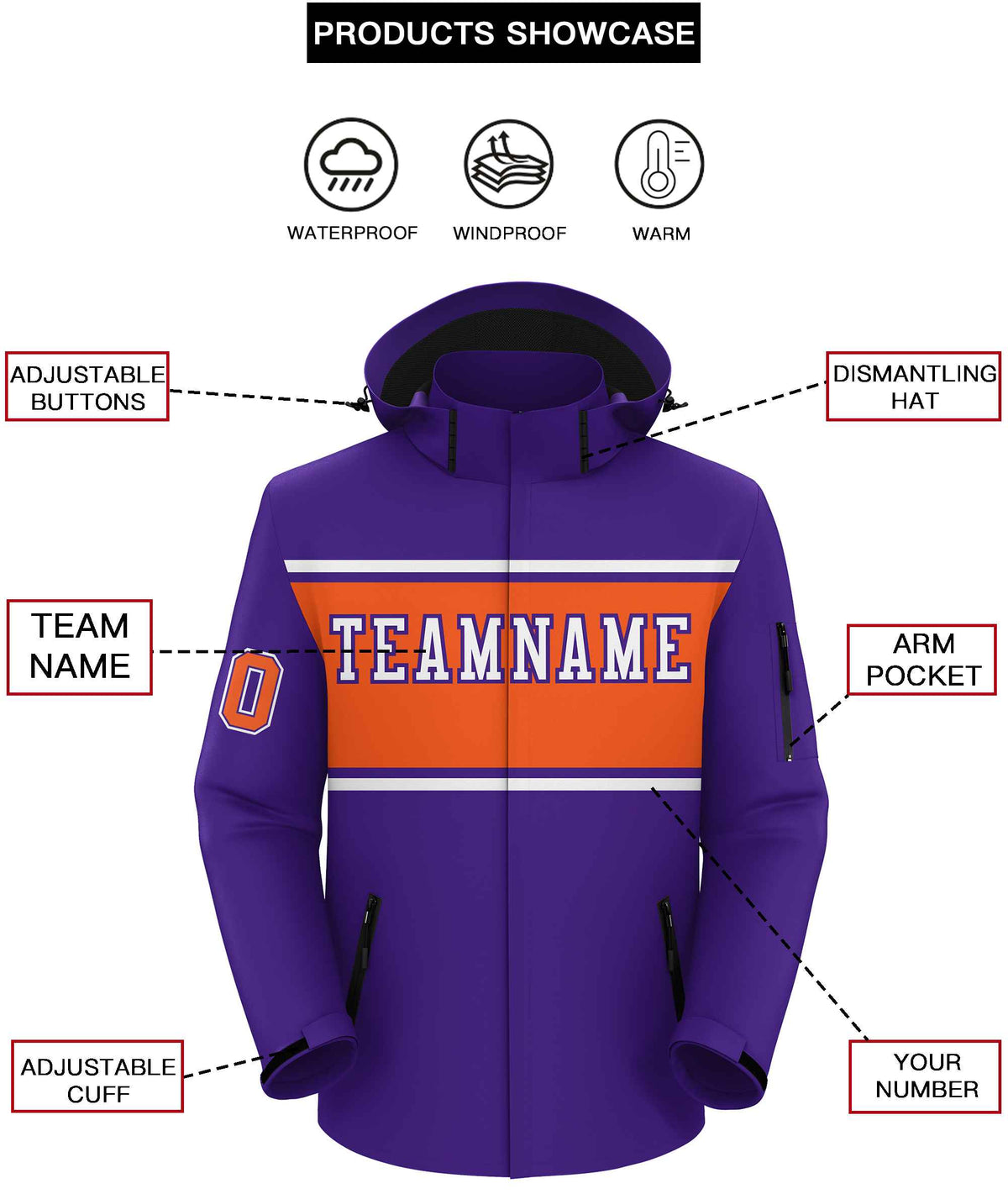 Custom Purple White-Orange Color Block Personalized Outdoor Hooded Waterproof Jacket
