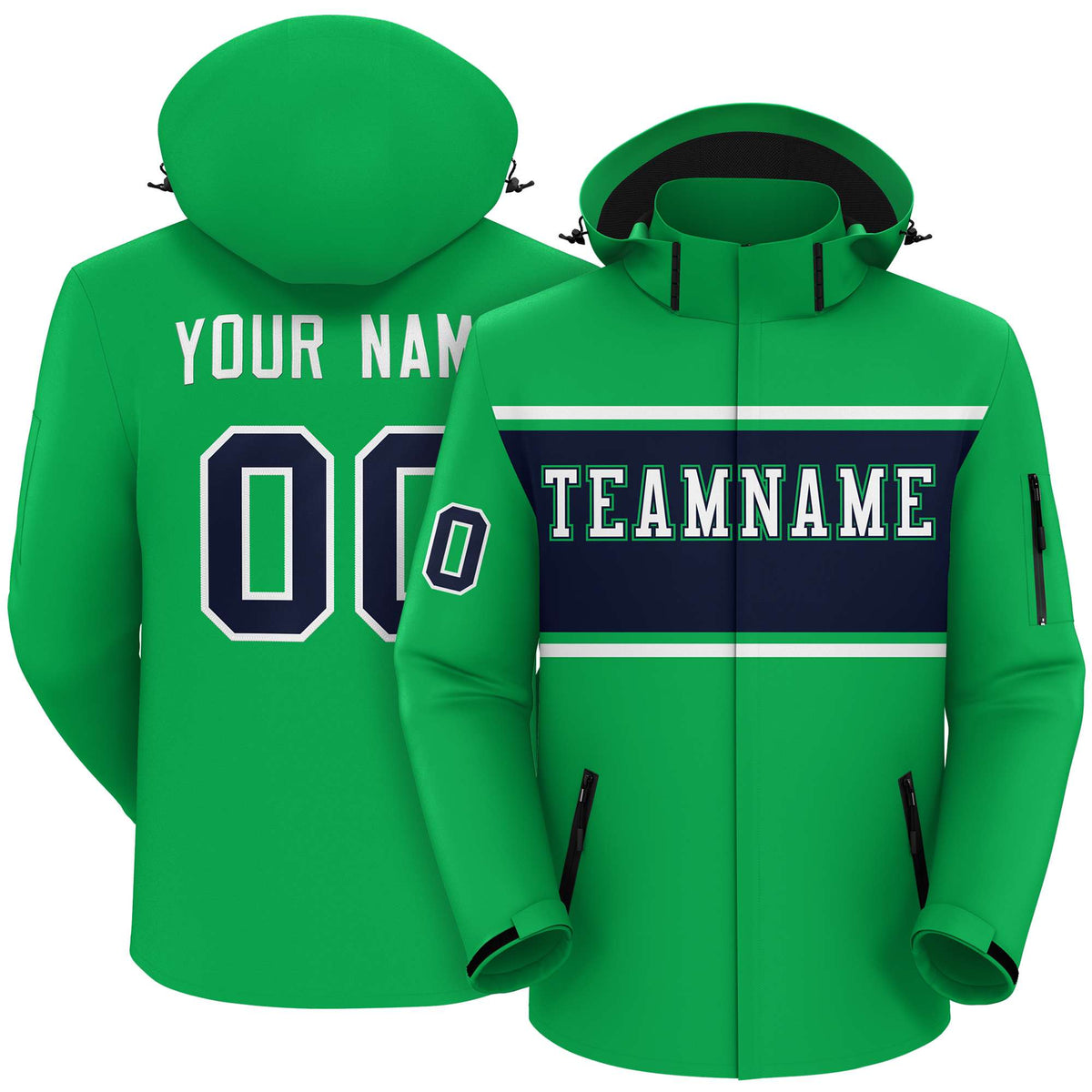 Custom Kelly Green White-Navy Color Block Personalized Outdoor Hooded Waterproof Jacket