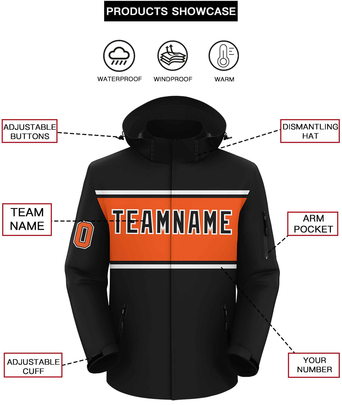 Custom Black White-Orange Color Block Personalized Outdoor Hooded Waterproof Jacket