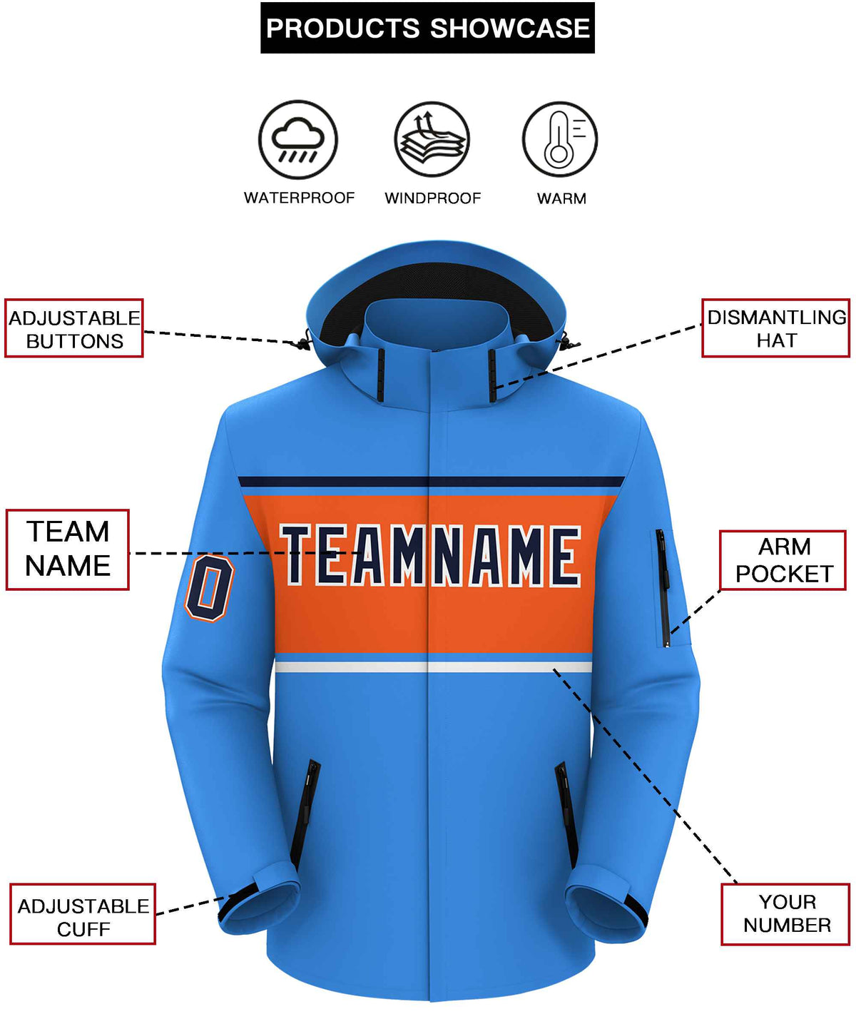Custom Powder Blue Navy-Orange Color Block Personalized Outdoor Hooded Waterproof Jacket