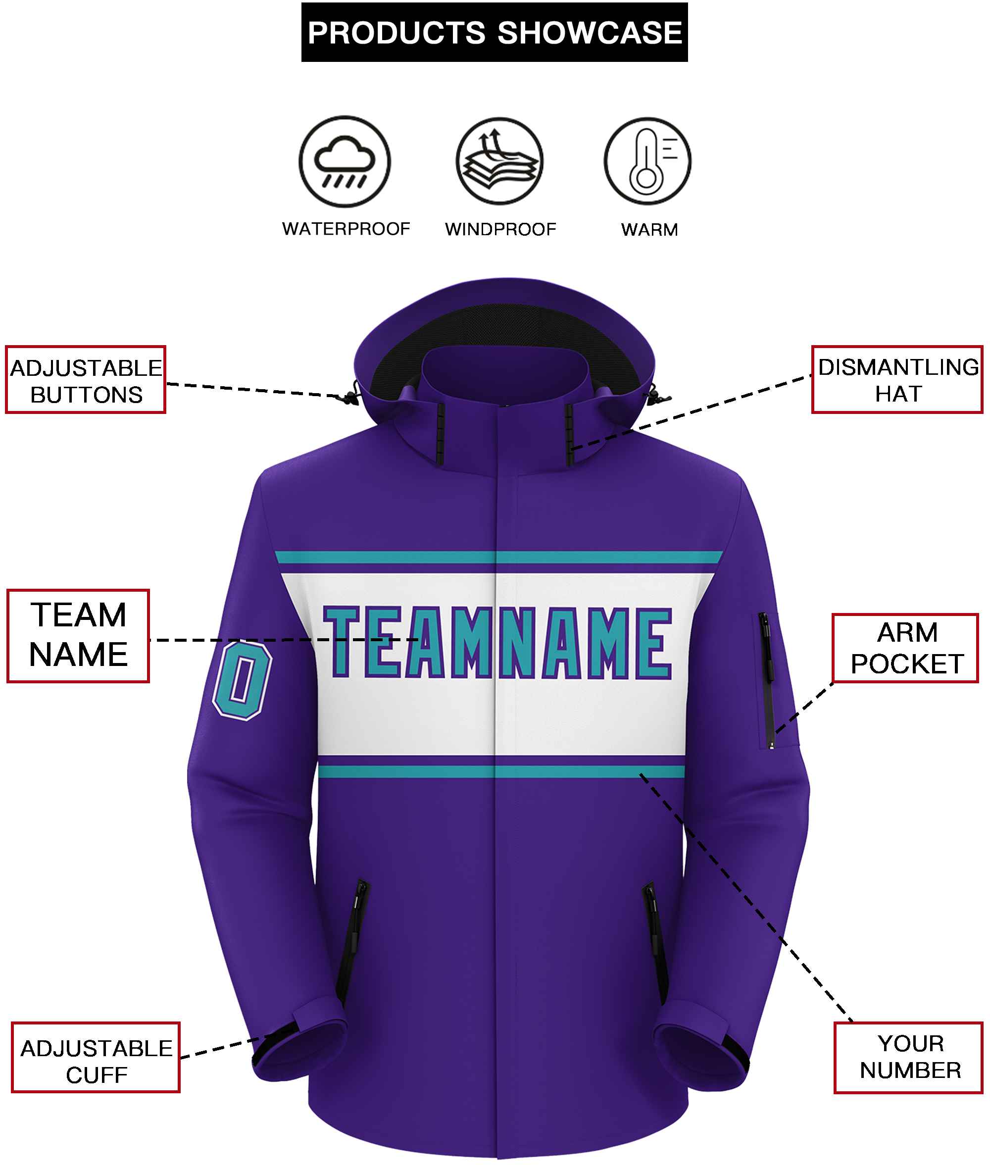 Custom Purple Aqua-White Color Block Personalized Outdoor Hooded Waterproof Jacket