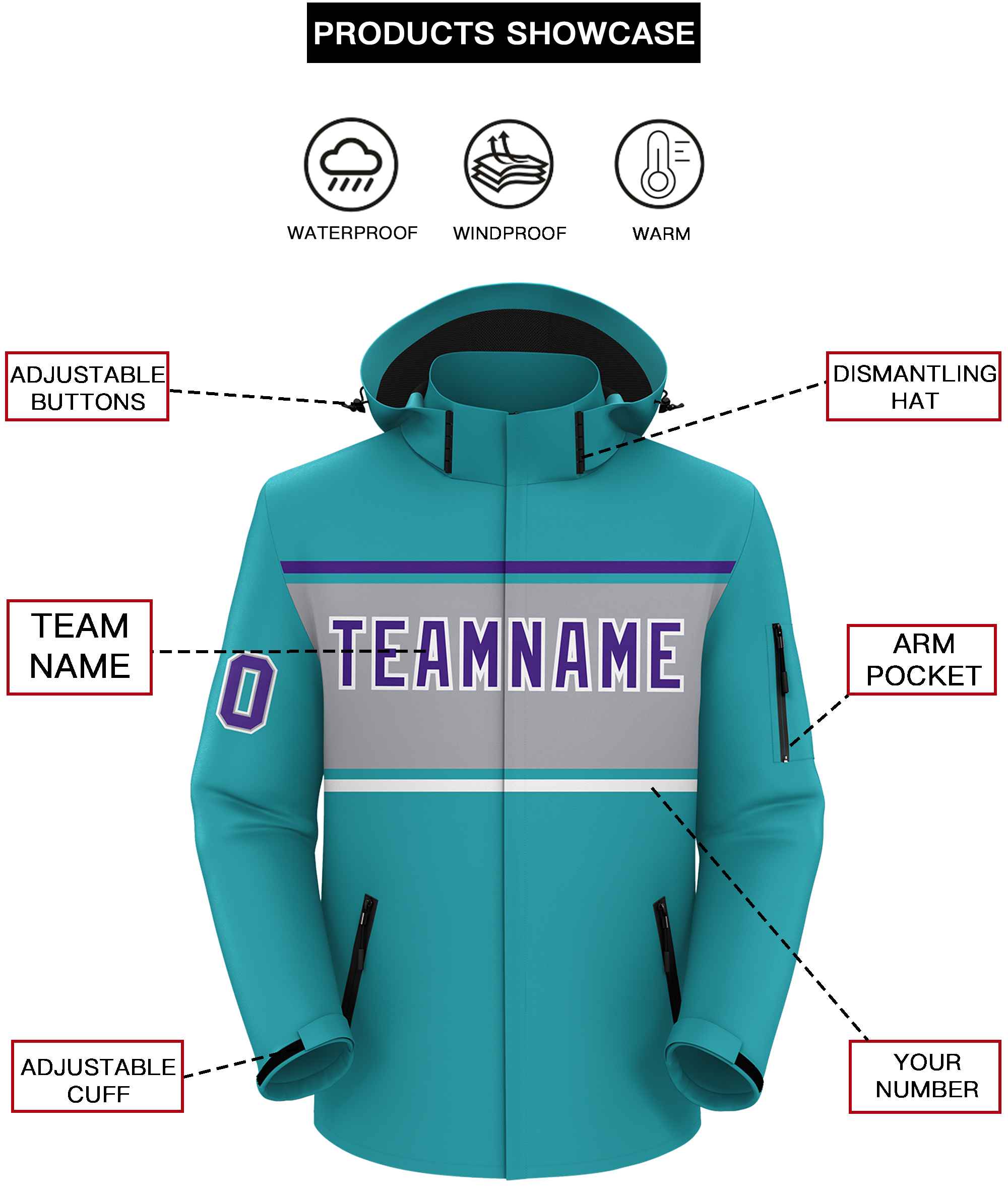Custom Aqua Purple-Gray Color Block Personalized Outdoor Hooded Waterproof Jacket
