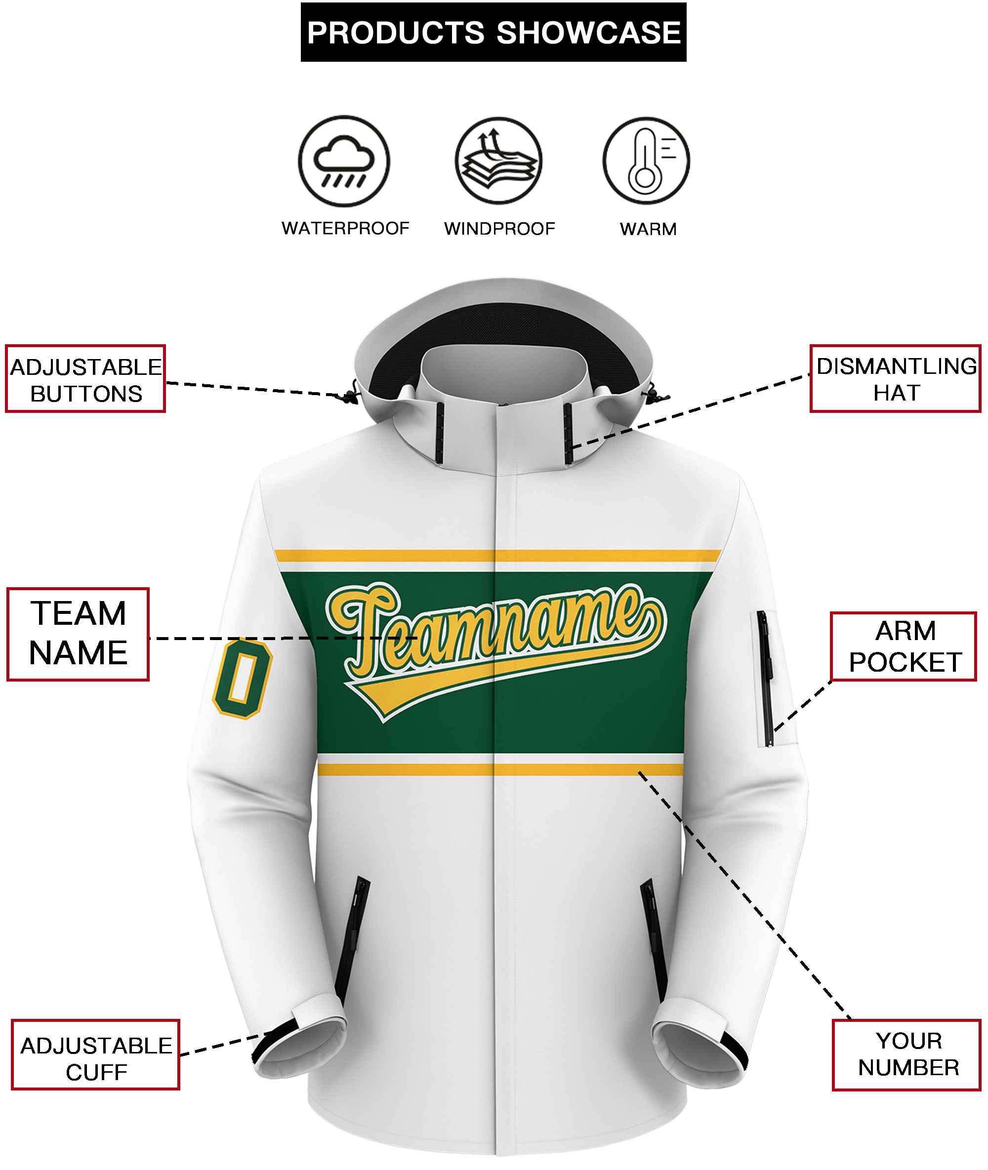 Custom White Gold-Green Color Block Personalized Outdoor Hooded Waterproof Jacket