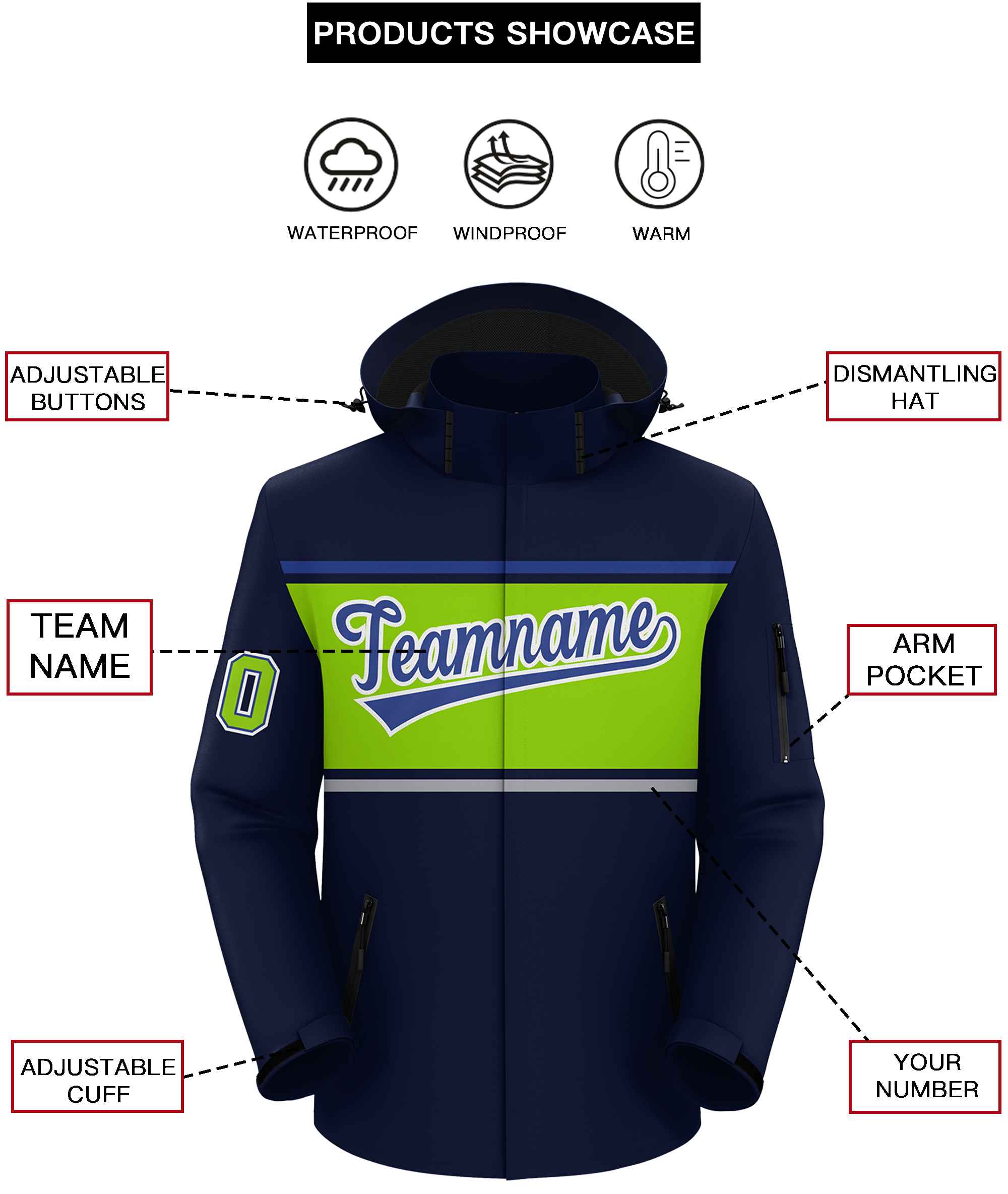 Custom Navy Royal-Neon Green Color Block Personalized Outdoor Hooded Waterproof Jacket